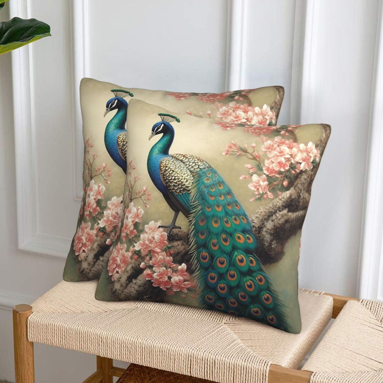 NONHAI Decorative Throw Pillow Covers Set of 2, 18"x18" Square Cushion Case Soft Comfy Oriental Peacock Throw Pillows for Couch Cushion Livingroom Farmhouse Home Decor Pillowcases