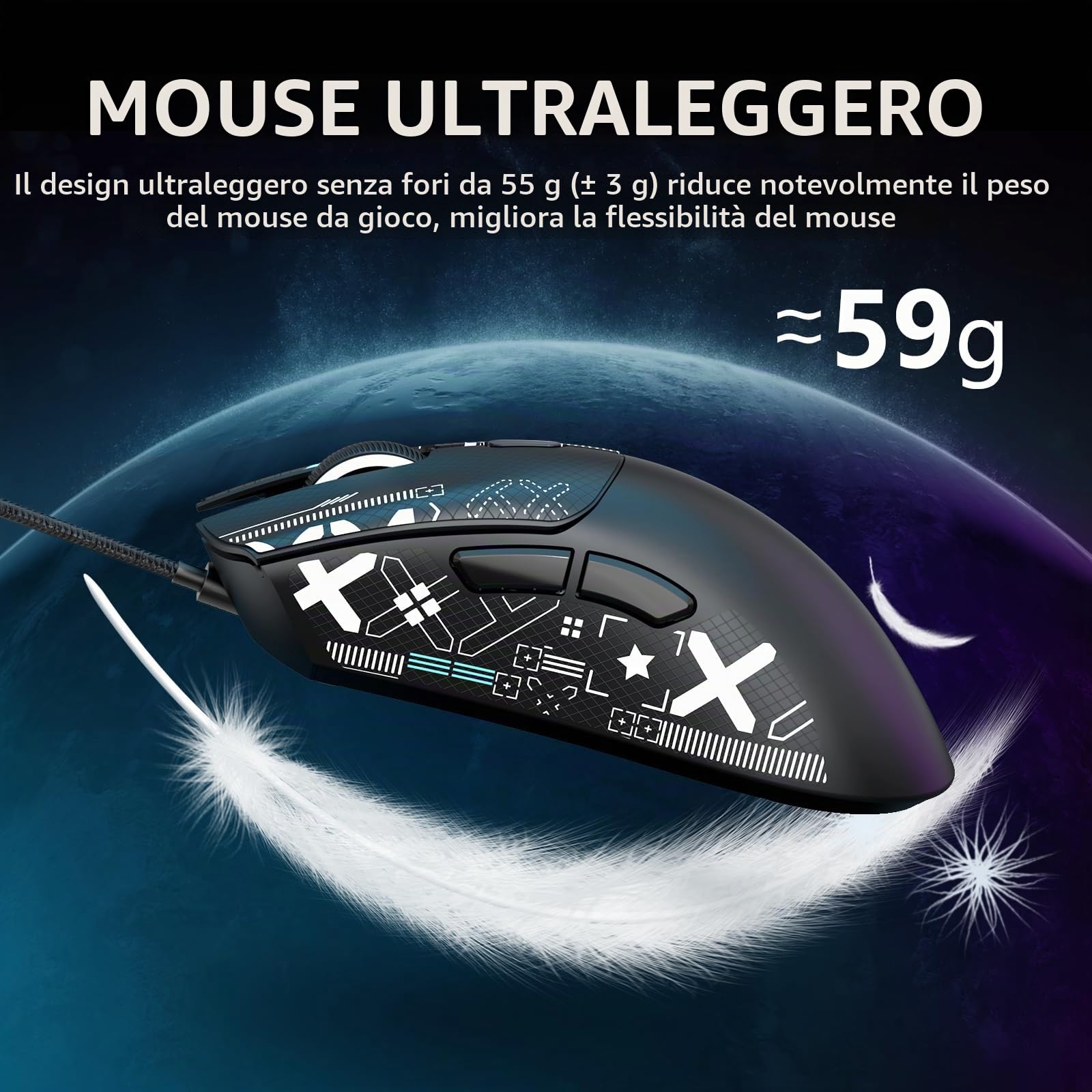 MAMBASNAKE x Attack Shark R1 Mouse da gioco wireless leggero a tre modalità da 59 g con adesivi antiscivolo, connettività 2,4 GHz/BT/cablata, 6 DPI regolabili fino a 18000, PAW3311-Nero