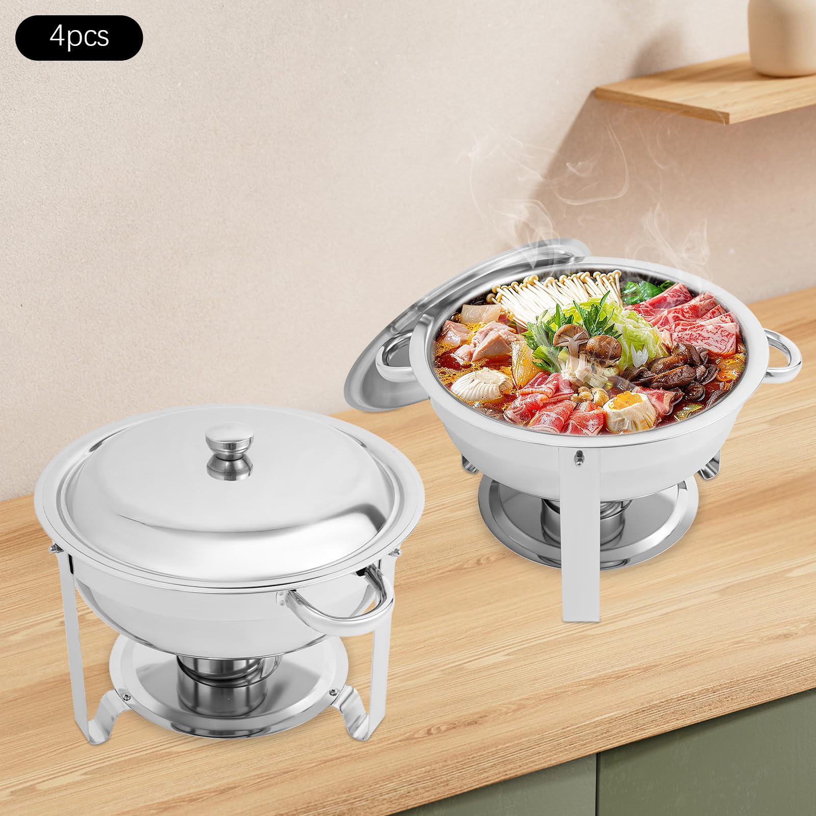 Set di 4 contenitori rotondi da 4,5 l, scaldavivande con coperchio, scalda buffet, piatti da portata a buffet in acciaio inox, per ristoranti, buffet, hotel