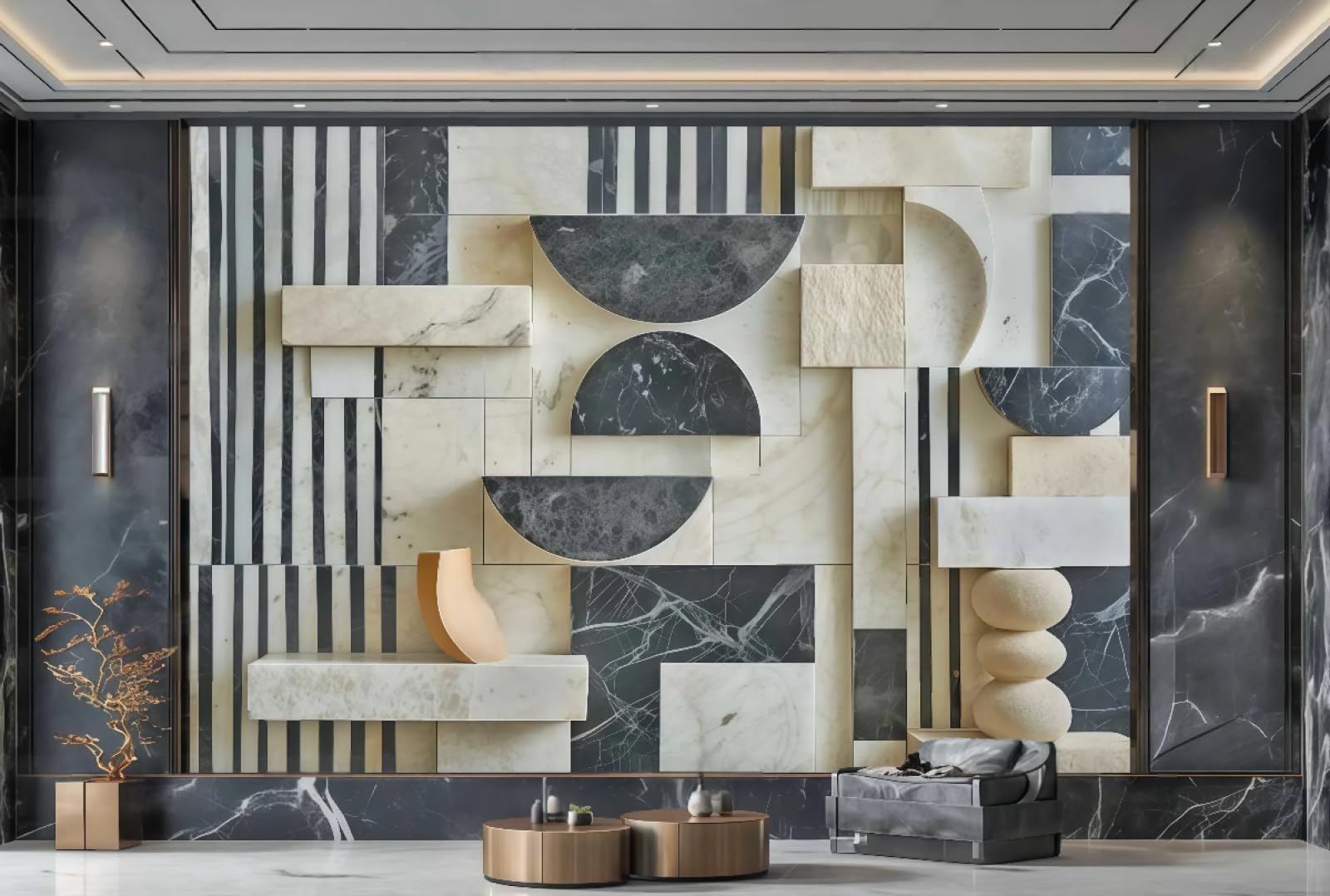 Nowoczesna czarno-biała tapeta sztuka w paski półokrągły patchwork rock tłoczony marmurowy wzór TV sofa tło tapeta ścienna salon restauracja kawiarnia ścienna, 3D, 250x175cm