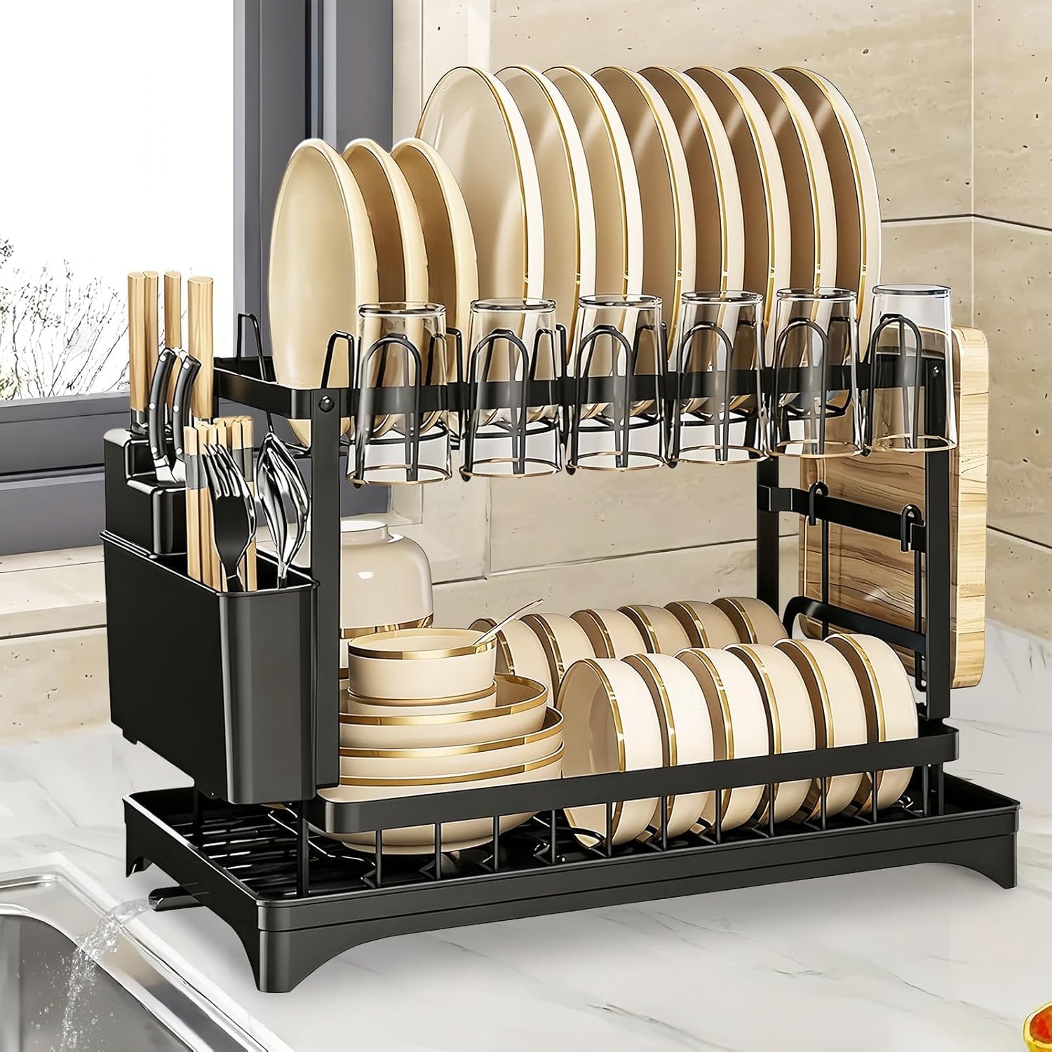 LLHONG 2 Tier Dish Drainer Rack for Kitchen Counter, Dish Drying Rack with Cutlery Holder & Draining Board, Detachable Large Capacity Dish Drainer Organizer (Black)