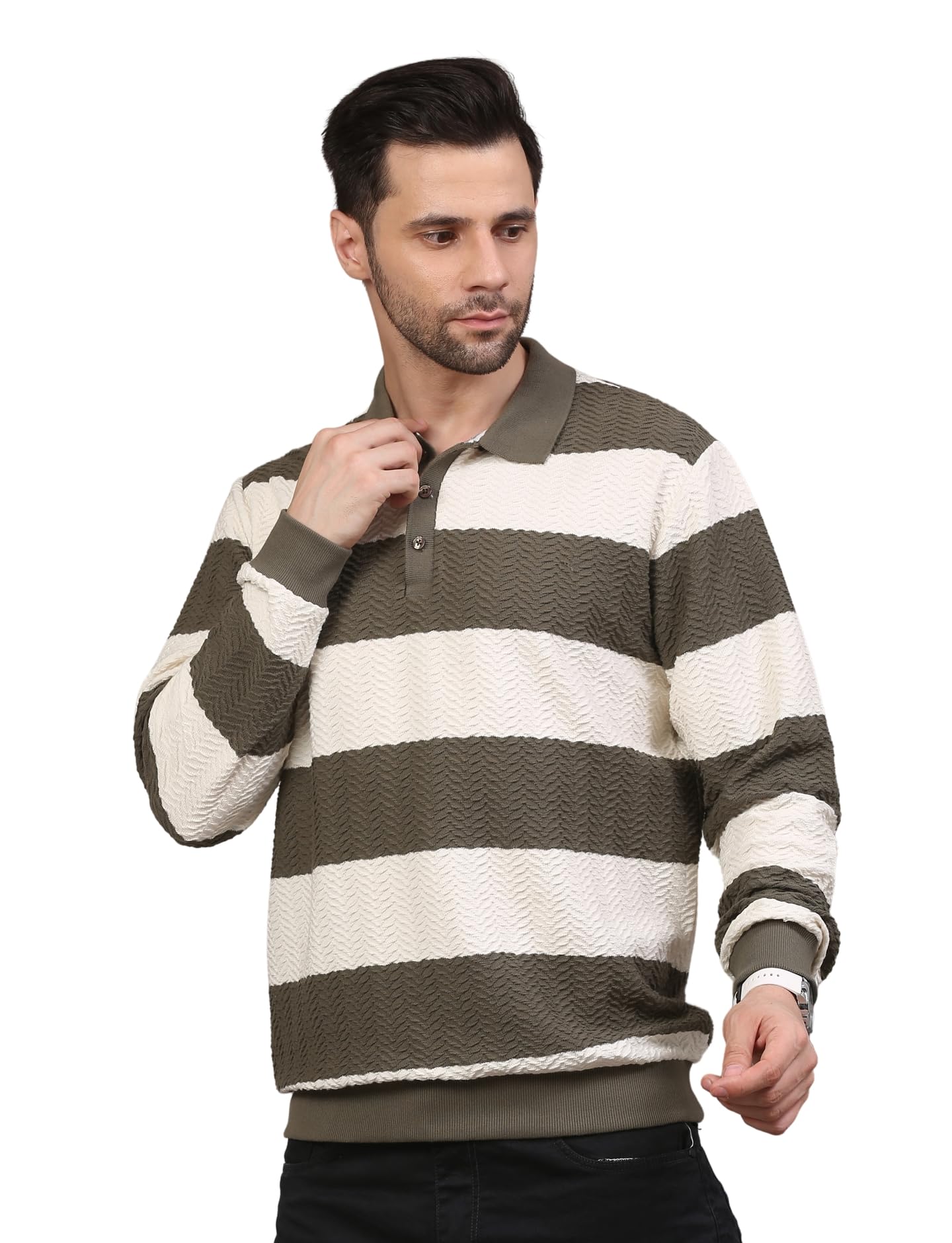 nexgen club Men’s Sweatshirt Full Sleeve Rib Collar Neck with Placket Winter Pullover Colour Block Stripe Cotton Blend Smart Casual Semi-Formal-picture-37