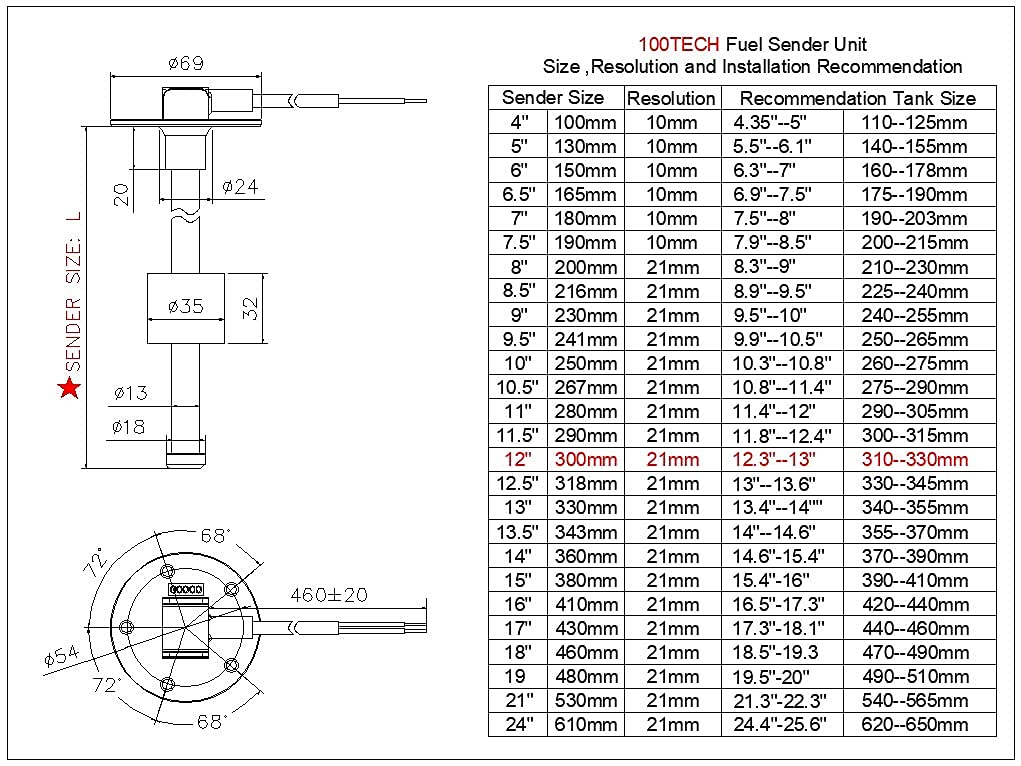 100TECH Fuel Sending Unit 240-33 Ohms 12"(300mm For Boat 10 thumbnail image