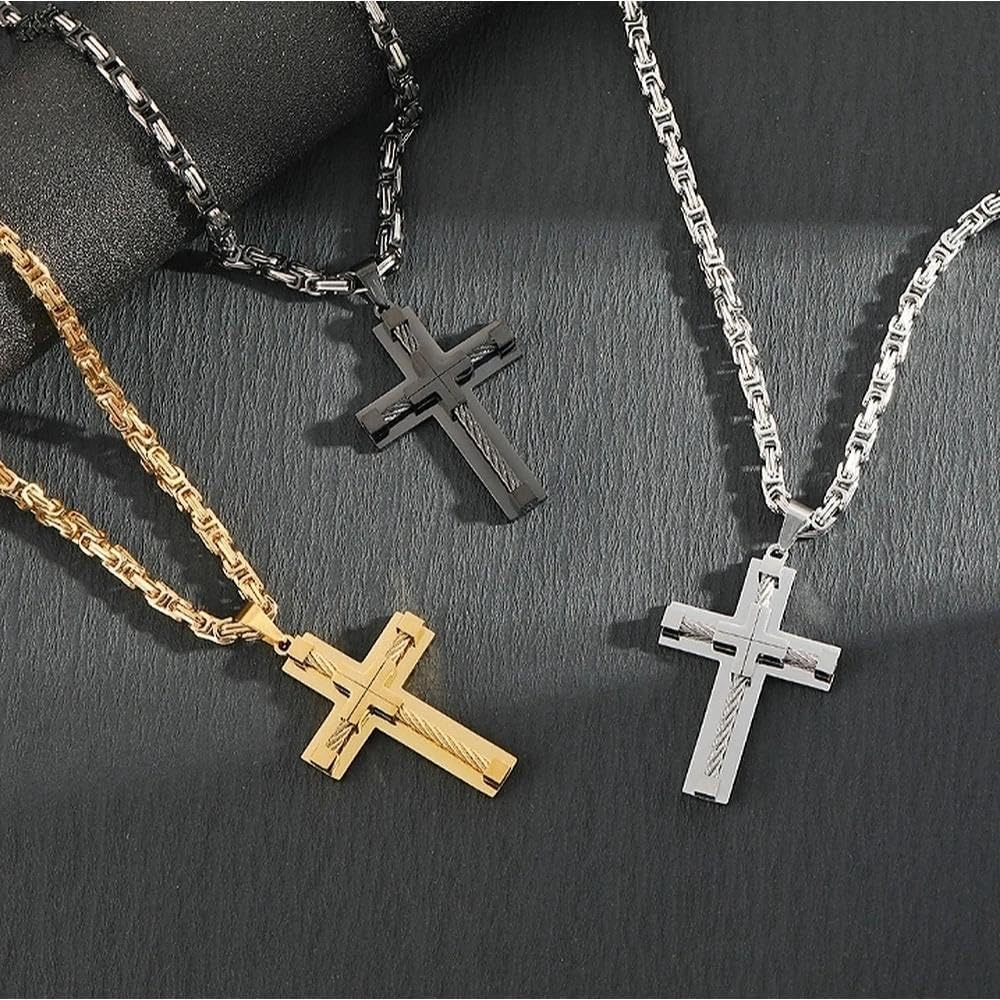 Seamido Black Gold Silver Stainless Steel Cross Necklace For Men, Byzantine Chain Necklace with Chunky Cross Pendant, Crucifix Catholic Christian Jewelry for Men - Image 3