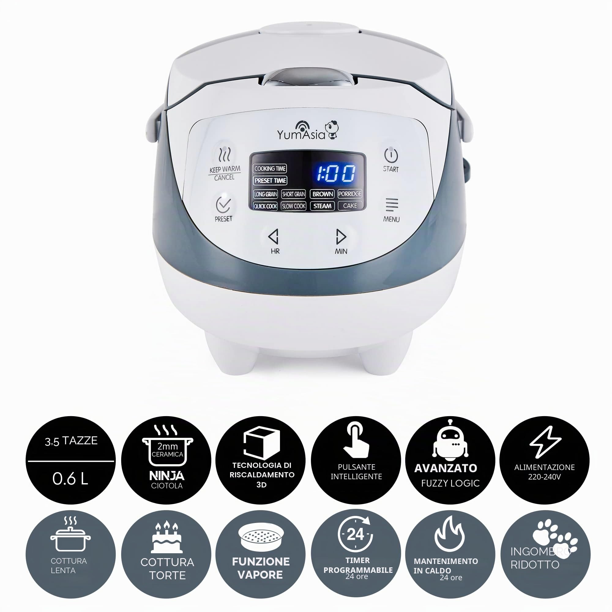 Yum Asia Panda Mini Cuociriso con Ciotola in Ceramica Ninja e Advanced Fuzzy Logic (3,5 tazze, 0,63 litri) 4 Funzioni di Cottura del Riso, 4 Funzioni Multicooker, Display LED, 220-240V (White/Grey)