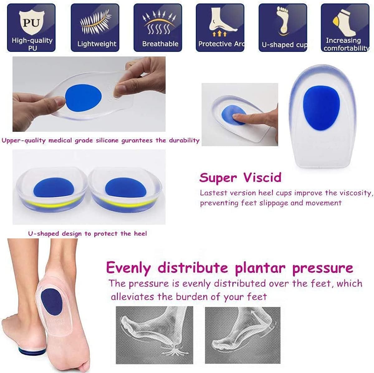 Silicone Gel Heel Cups,Silica Orthotic Gel Pads Cushions Insole for Plantar Fasciitis,Bone Spurs Pain Relief, Sore Heel Pain, Achilles Pain and Foot Care (1 Pair Red) : Health & Household