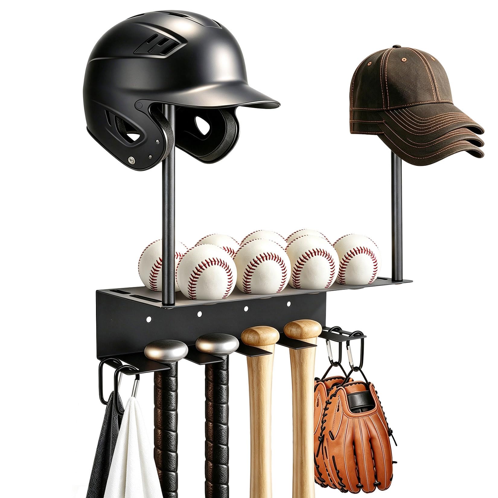 Wall Mount Baseball Bat Holder &amp; Cap Storage Rack, Display Organizer