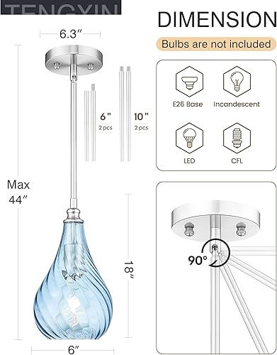 Miniatura 4 de TENGXIN Paquete de 2 lámparas colgantes de cocina sobre isla de 6 pulgadas, colgantes colgantes, lámpara colgante de vidrio a rayas con acabado