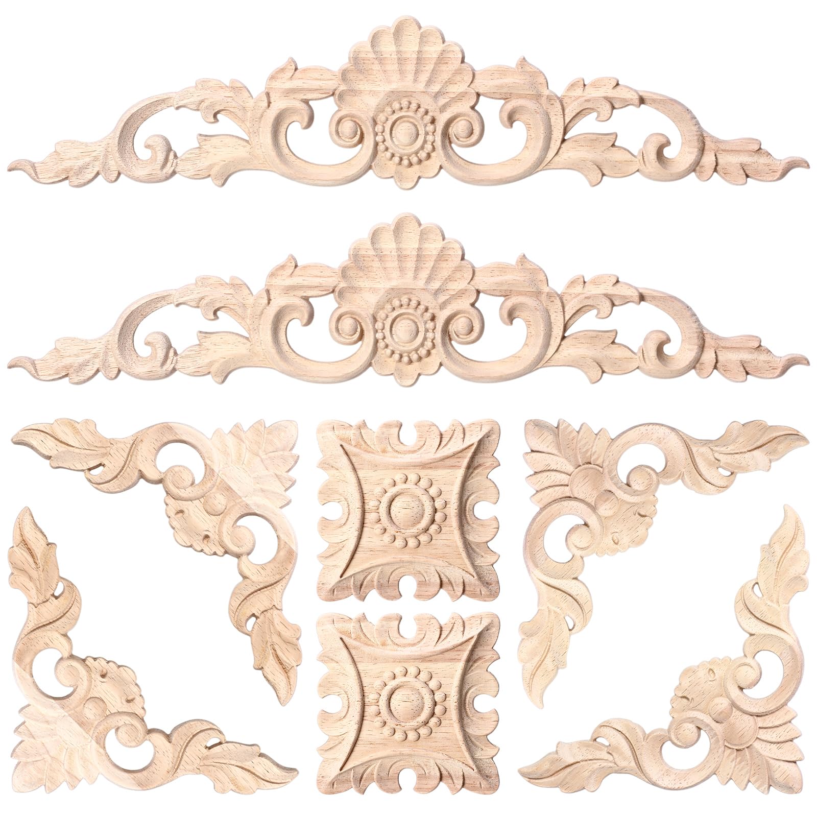 8 Pcs Wood Appliques and Onlays Large Size for Furniture Carved Onlays DIY Decorative Wood Carving Decals for Wall Cupboard Door Bed Cabinet (Stylish Style)