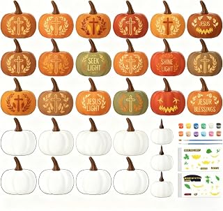 Thyle 50 Pcs Halloween Pumpkin Religious Craft Color Your Own Christian Pumpkin Set Includes Mini DIY Fake Foam Pumpkins Pigment Christian Stickers for Fall Hanging Decor Gifts Sunday School Activity