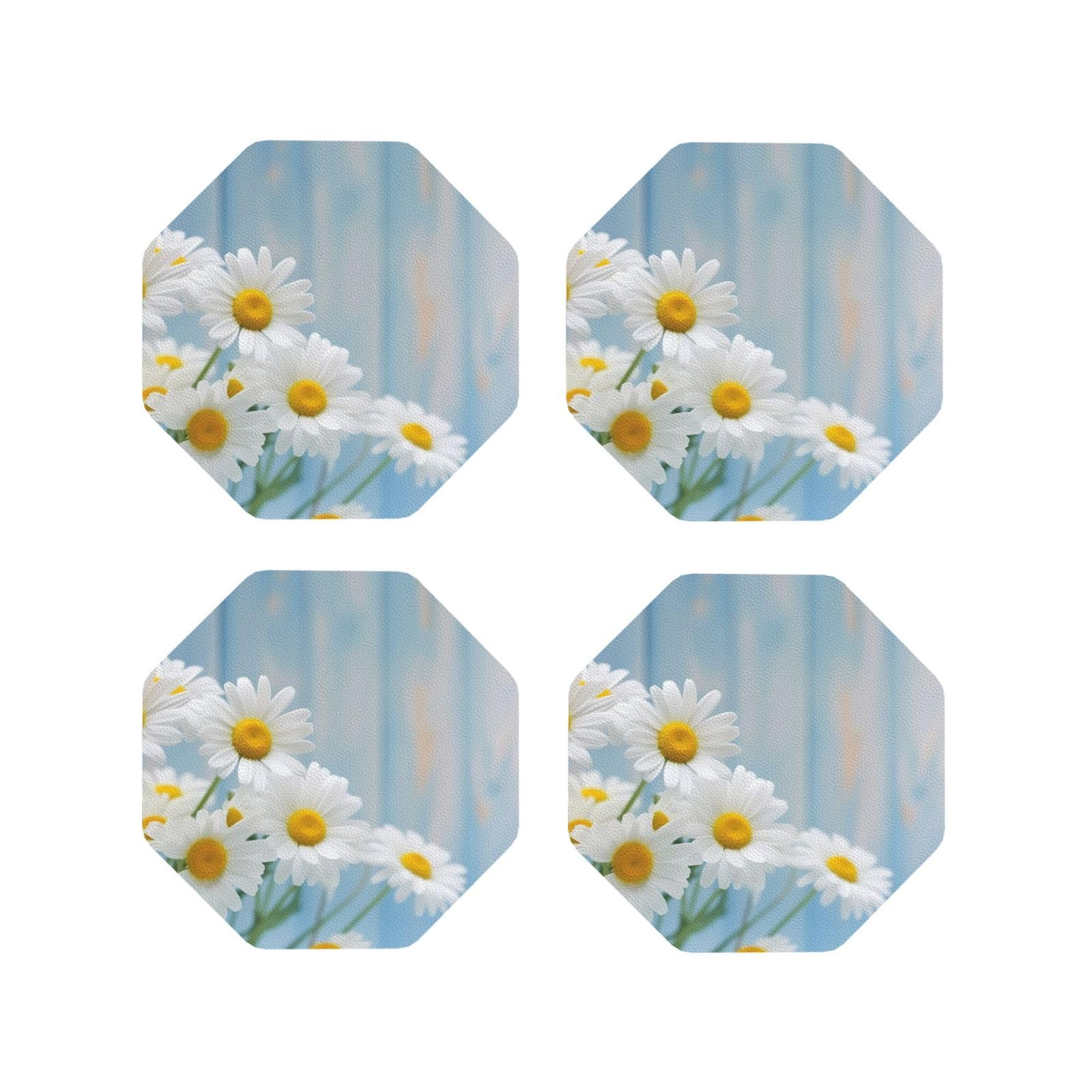 4Pcs PU Leather Coaster for Drinks, Elegant Spring Daisy Flowers Cup Coastersr 4" Cup Mat Pad, Aesthetic Drink Coasters for Coffee Table, Octagon Coaster for Tabletop Protection