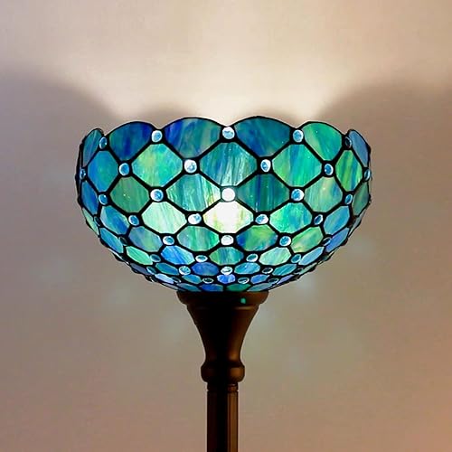 Miniatura 5 de Lámpara de pie Tiffany de vidrio manchado Torchiere 12X12X67 Pulgadas Luz de esquina antigua (Perla Azul Mar)