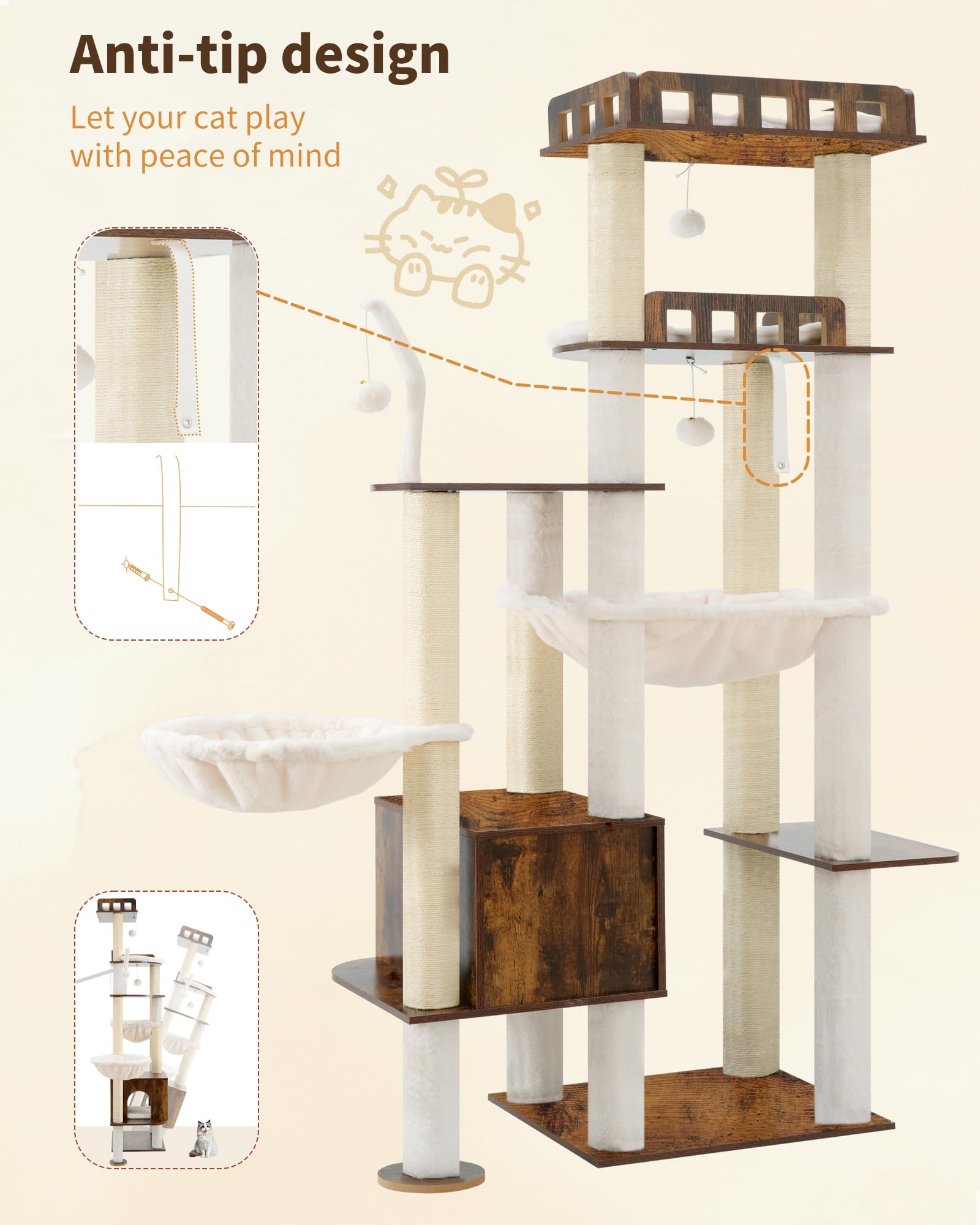 Heybly Tiragraffi per Gatti, Albero in Legno da 179 cm per Gatti Grandi, Struttura Ultra-Stabile, Arredo Moderno con Rivestimento in Sisal Totale, Condo e Amache, Marrone Vintage HCT121SR