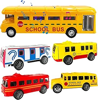 Bus Toys Set School Bus Toy Die-Cast Metal Yellow Bus Pull Back Cars City Bus Subway Train Toy Vehicles with Lights and Sounds Opening Doors for Kids Toddlers Boys and Girls Age 3+ Gift 5 Pack