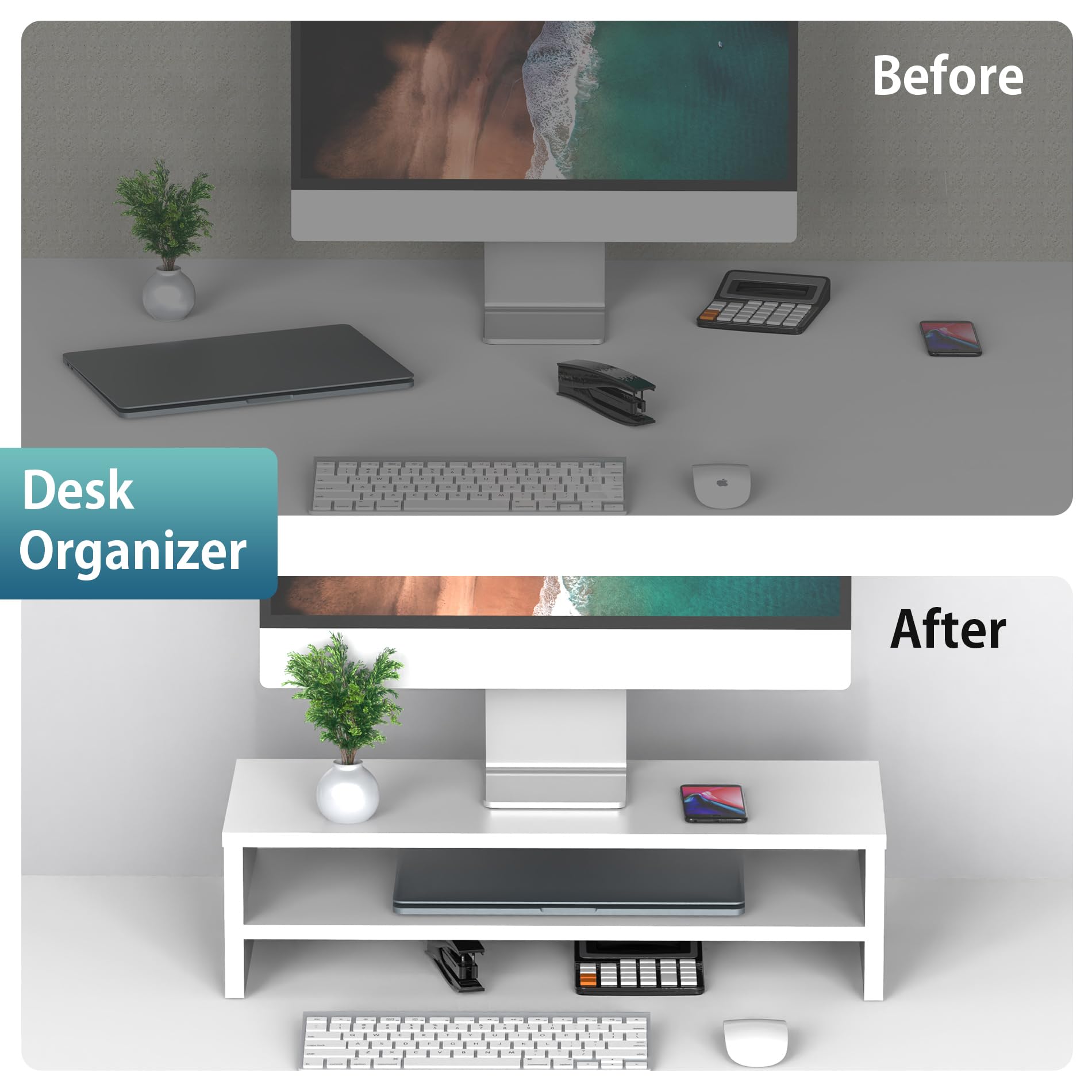 FITUEYES Monitor Stand 2 Tiers Computer Monitor Riser,54cm Wood Desktop Stand for Laptop Computer Screen Riser with Storage Shelf - Image 3