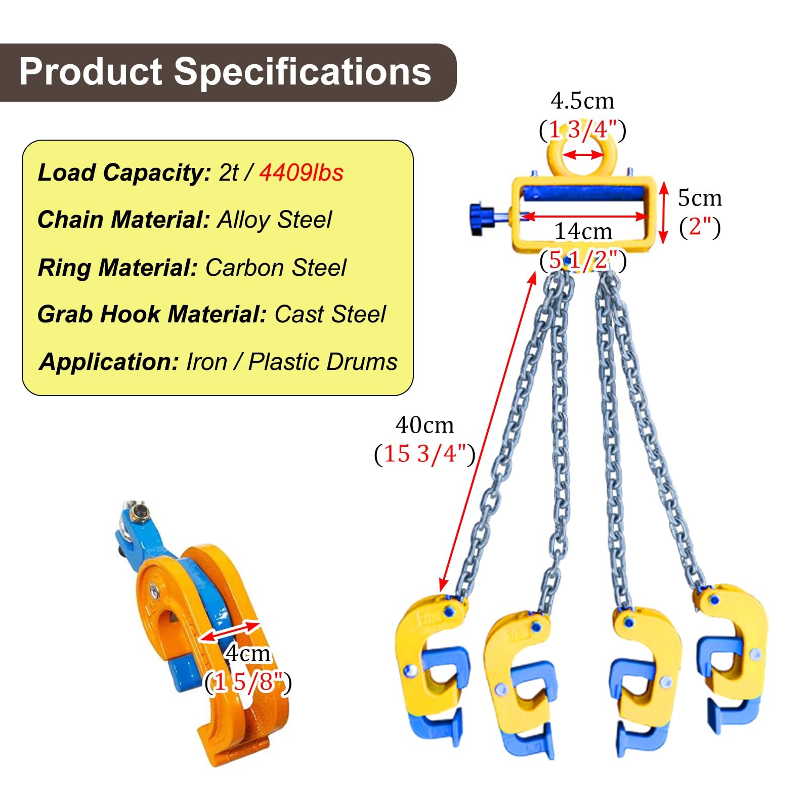 Pinza di Sollevamento per fusti con 2/4 Ganci, Gru a Catena in Acciaio per fusti, Adatta per fusti da 55 Pollici, Attrezzatura per la movimentazione di fusti in Metallo/plastica, Compatibile