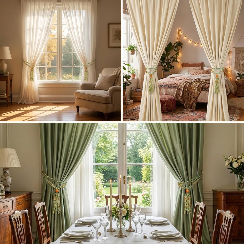 Magnetic Curtain Tiebacks, 2 Pack Colorful Natural Stone Beads Tassel Curtain Drapery Holdbacks, Boho Curtain Ties for Home Office Decorative (Magic Agate)