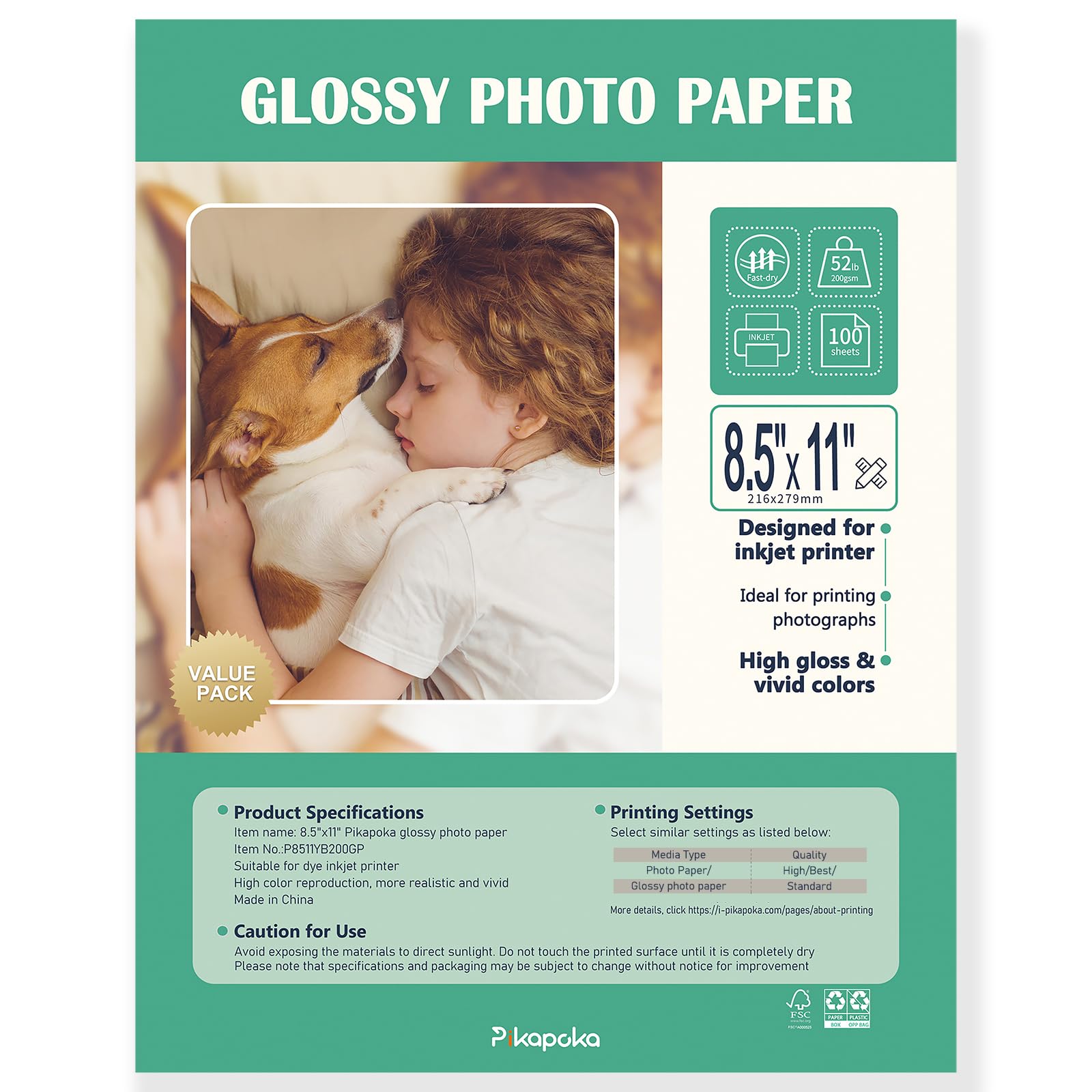 Błyszczący papier fotograficzny 8,5 x 11 - wysokiej jakości papier fotograficzny do drukarki atramentowej, rozmiar listów amerykańskich, 100 arkuszy, 200 g/m2 (P8511YB200GP)