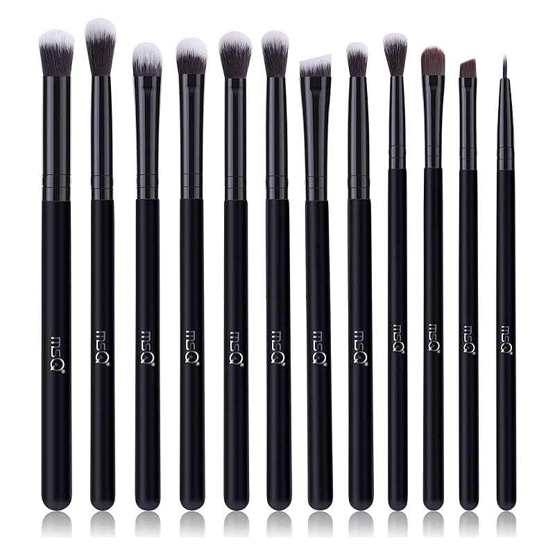 MSQ Kit com 12 Pincéis para Maquiagem dos Olhos, Fibras Sintéticas, Cabo de Madeira, Preto