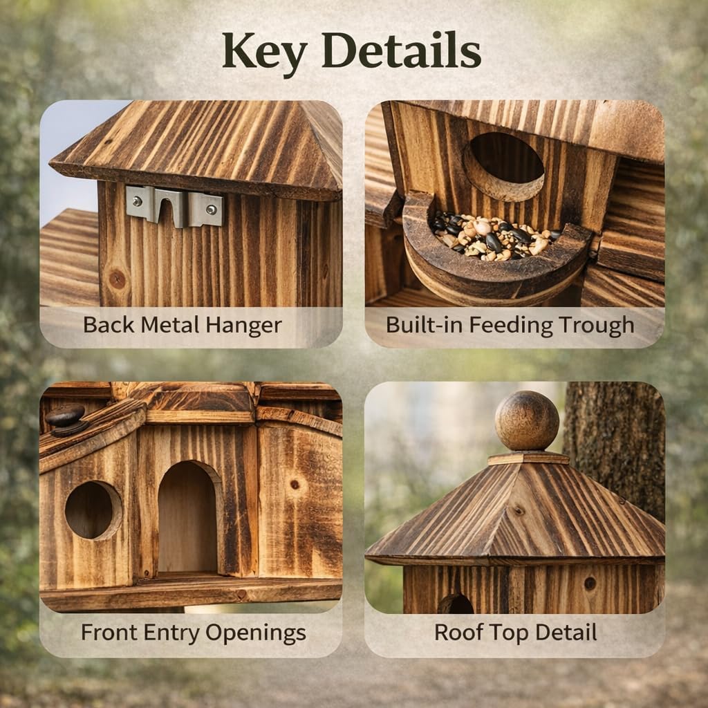 Bird House for Outside, Wooden 6 Hole Bird House Room for Multiple Birds, Decorative Hanging Birdhouse Nesting Box for Garden, Bird Hotel for Wren Chickadee Sparrow