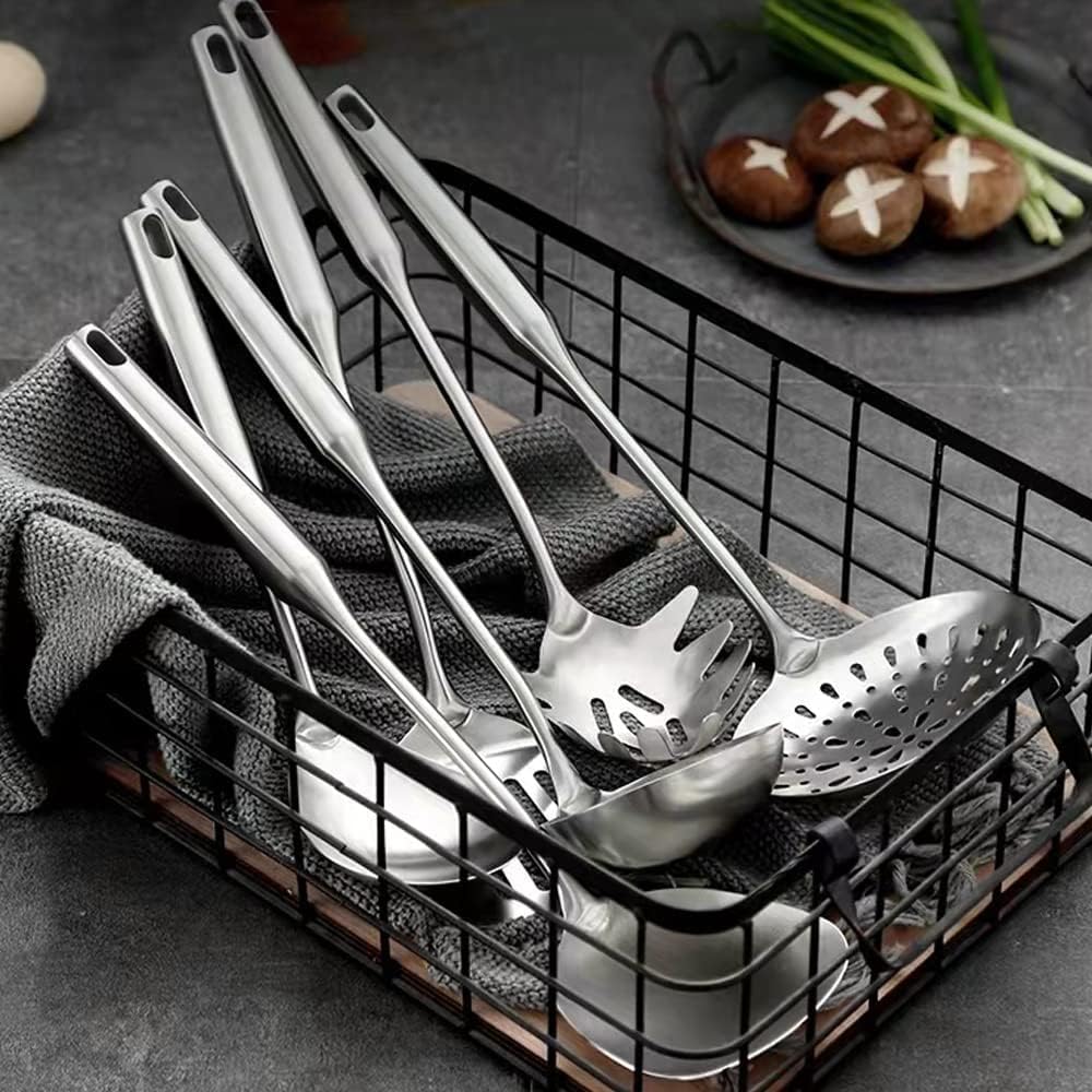 Juego de 6 utensilios de cocina de acero inoxidable, metal 304, aptos para lavavajillas, ergonómicos y cómodos, juego de cucharón de sopa, cuchara y espumadera