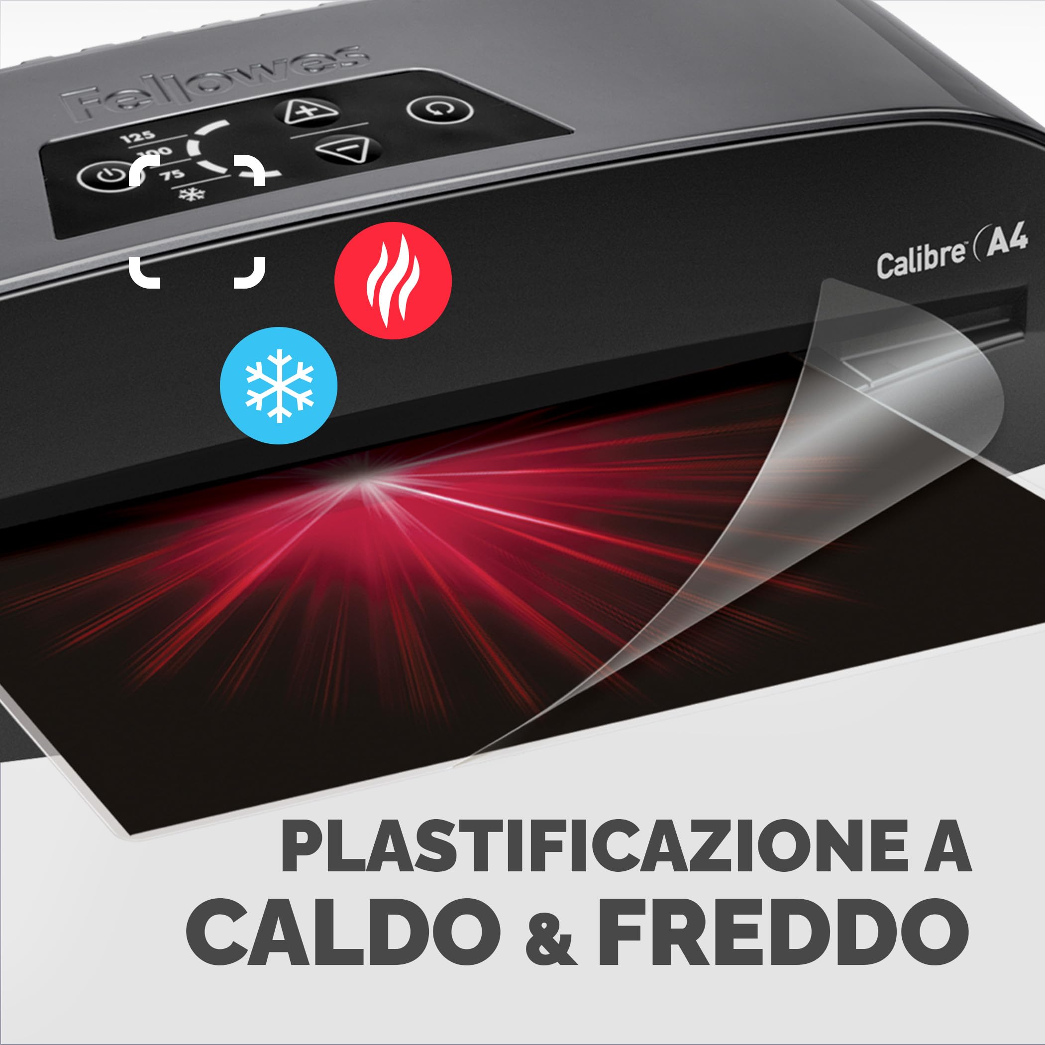 Fellowes Plastificatrice A3 Calibre per piccoli uffici, Pronta in 1 minuto con Spegnimento e modalità Riposo, 80-125 Micron, Kit con 10 fogli A4 per plastificazione incluso, Nero