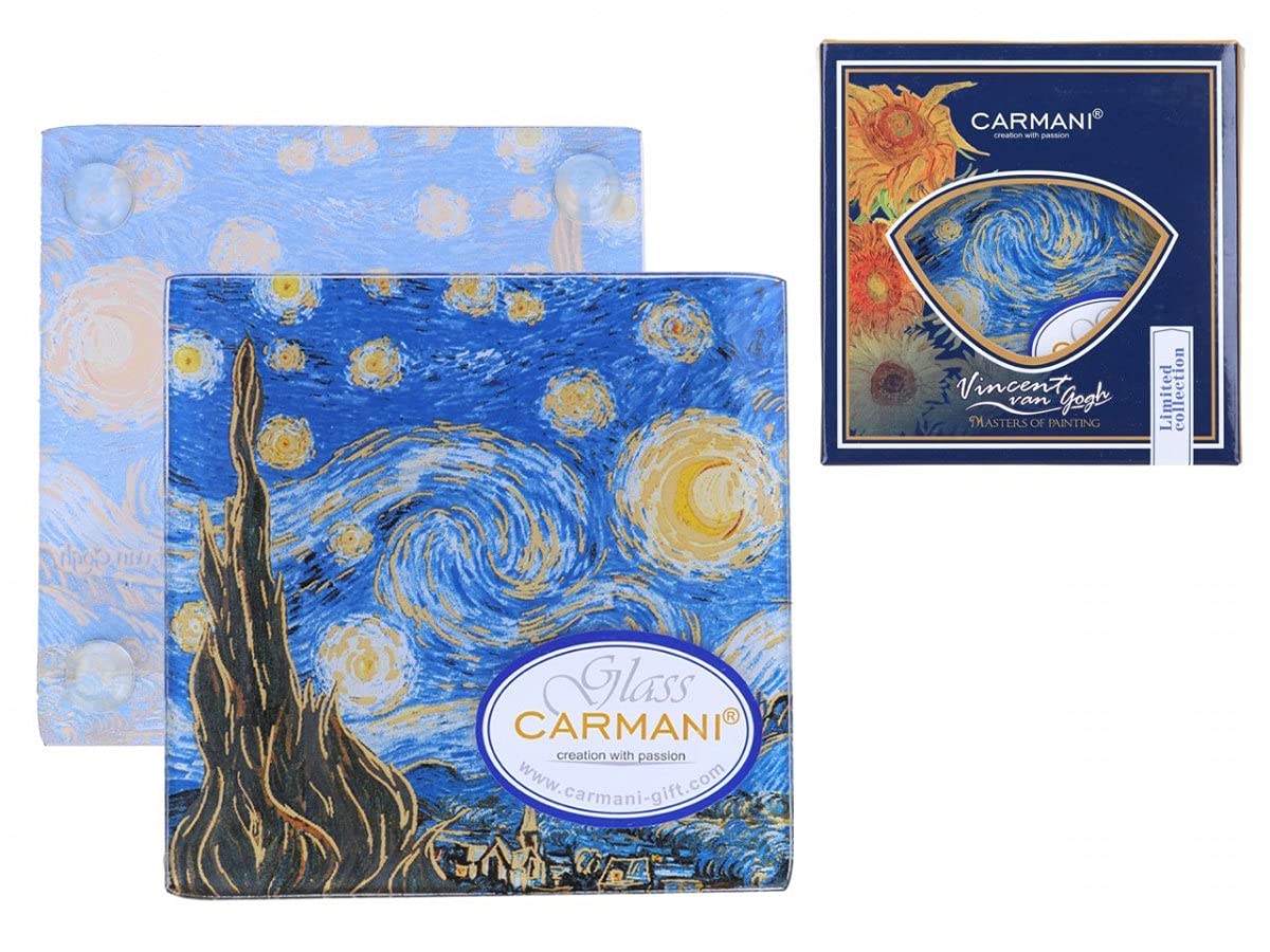 Carmani Blue, Yellow - Glass Coasters, Glass Pad Drink Mat With Vincent Van Gogh, The Starry Night