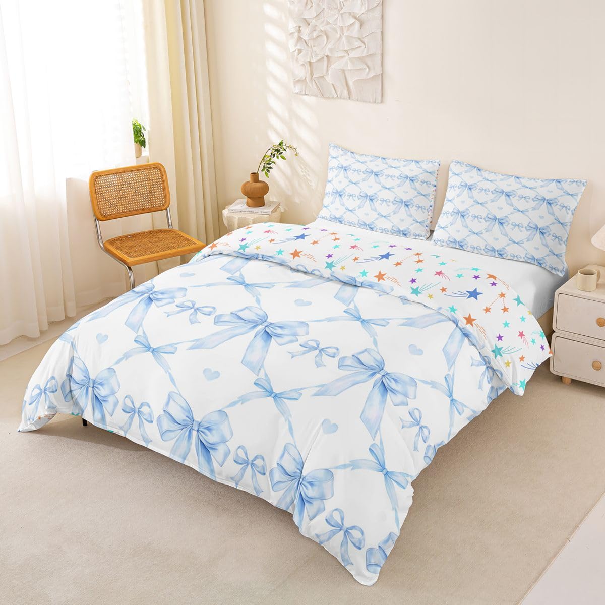 Homewish Dziewczyny śliczna niebieska kokarda geometryczne zestawy poszewek na kołdrę dla dzieci Kawaii kokardka pościel księżniczka wstążka poszwa na kołdrę kobiety ciepłe miękkie pościel zestaw