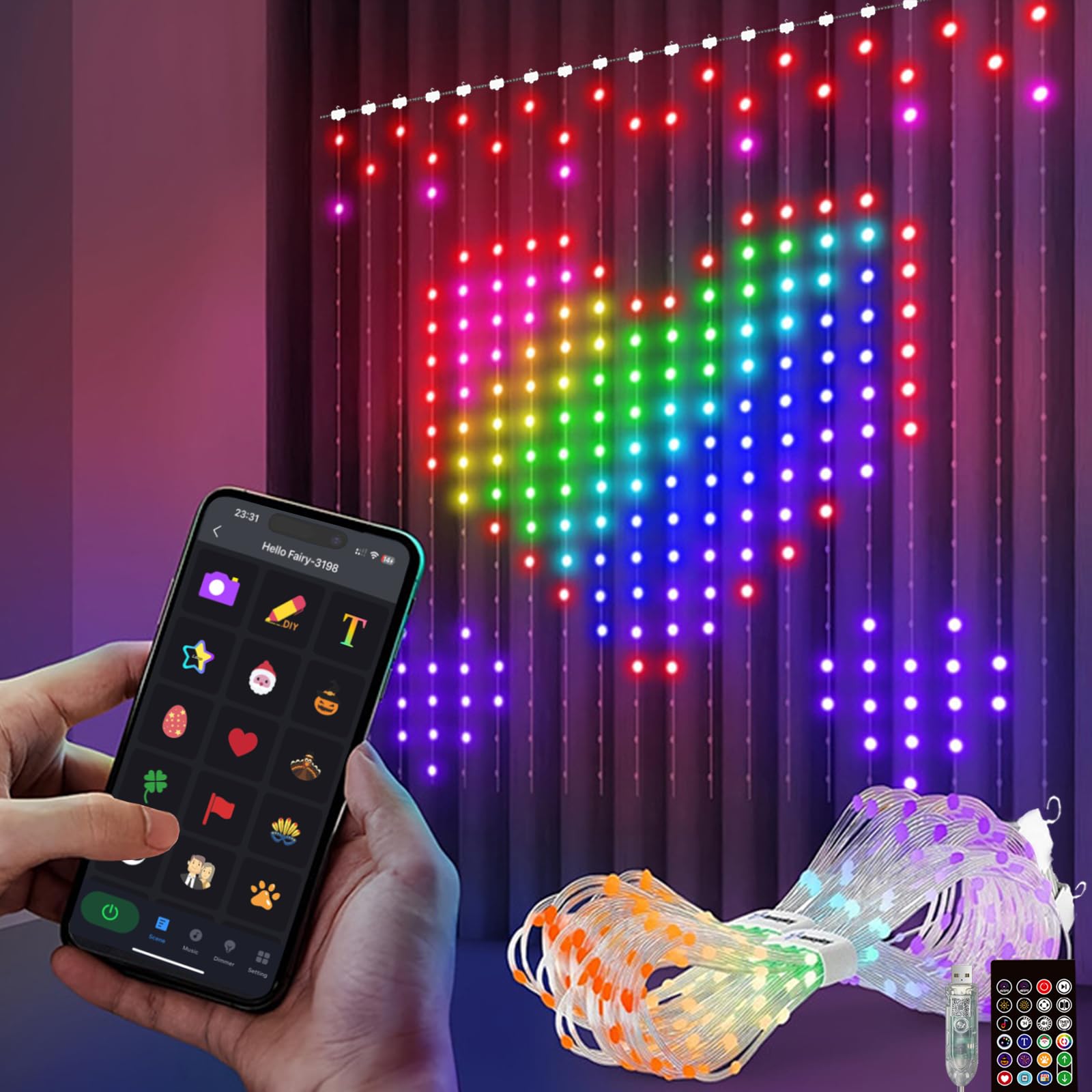 cortina Lámparas inteligentes, 400 LEDslámparas de cortina decoloradas app remoto USB música sincronizada lámparas LED DIY lámparas de ventana para dormitorio decoración navideña (2x2m)