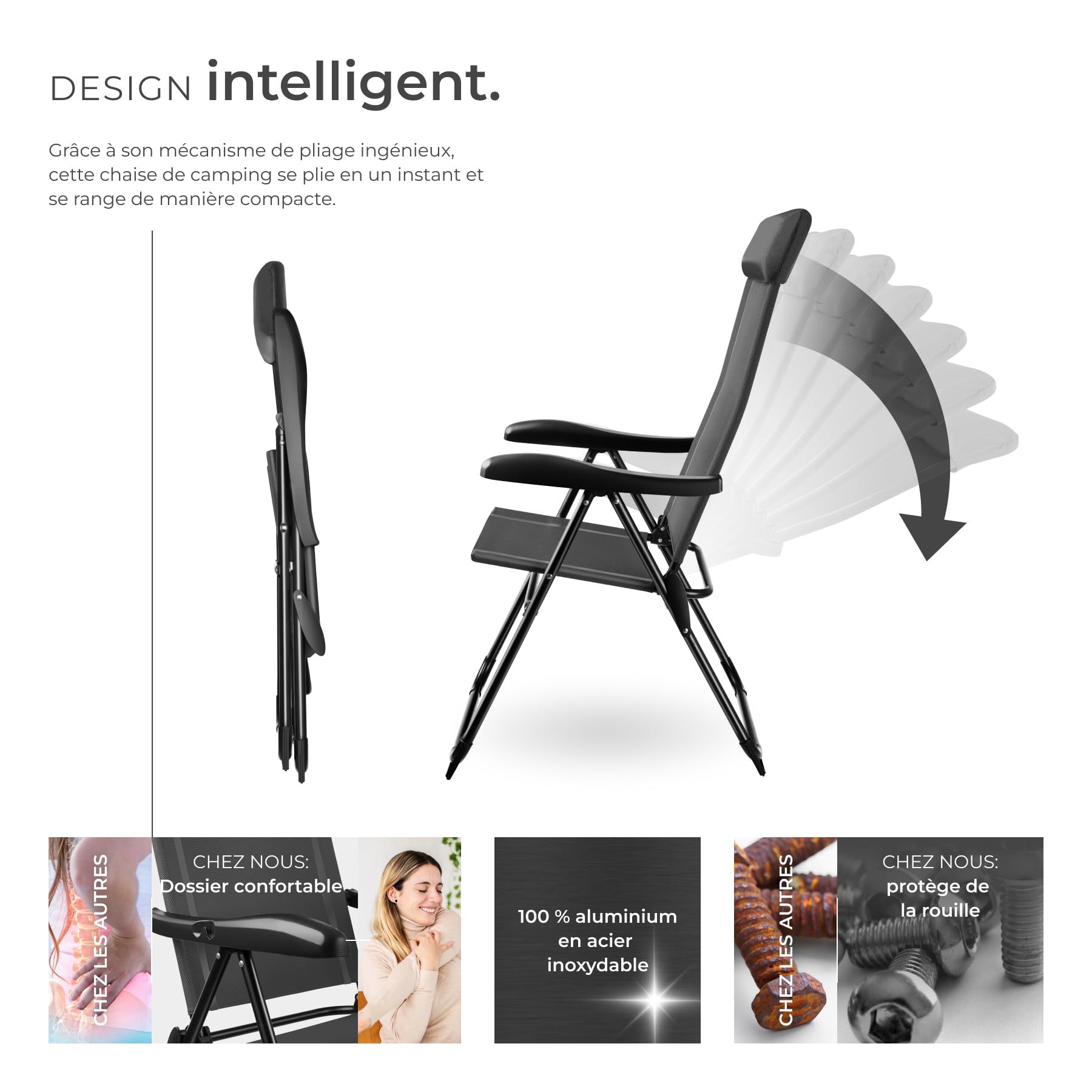 tectake® Lot de 2 Chaise Pliante Camping Fauteuil Pliable Gris Chaise de Plage Ultra léger en Aluminium avec Dossier inclinable & appuie-tête Idéal Voyages, Pêche, Festival, Camping, Plage, Jardin