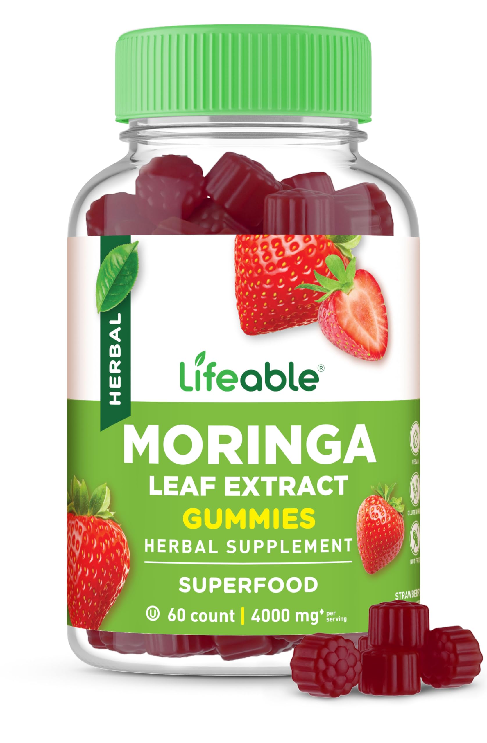 Lifeable Moringa Gummies for Adults | 4000mg Moringa Extract | Great Tasting Moringa Supplement | Antioxidant Superfood for Men Women | 60 Gummies