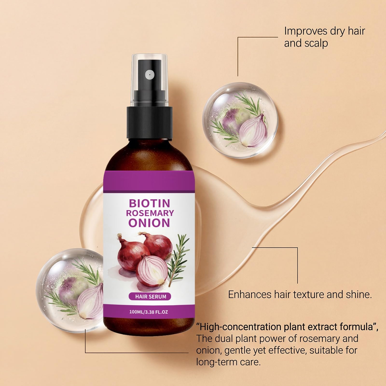 Onion Biotin Rosmarin Hair Serum Spray, Zwiebelshampoo Biotin Wachstumspflege dickeres Haar Verdickt Revitalisiert das Haar Pflegespray Wash Free Hairs Cares Oil Sprays, Frizz ease serum (8pcs)