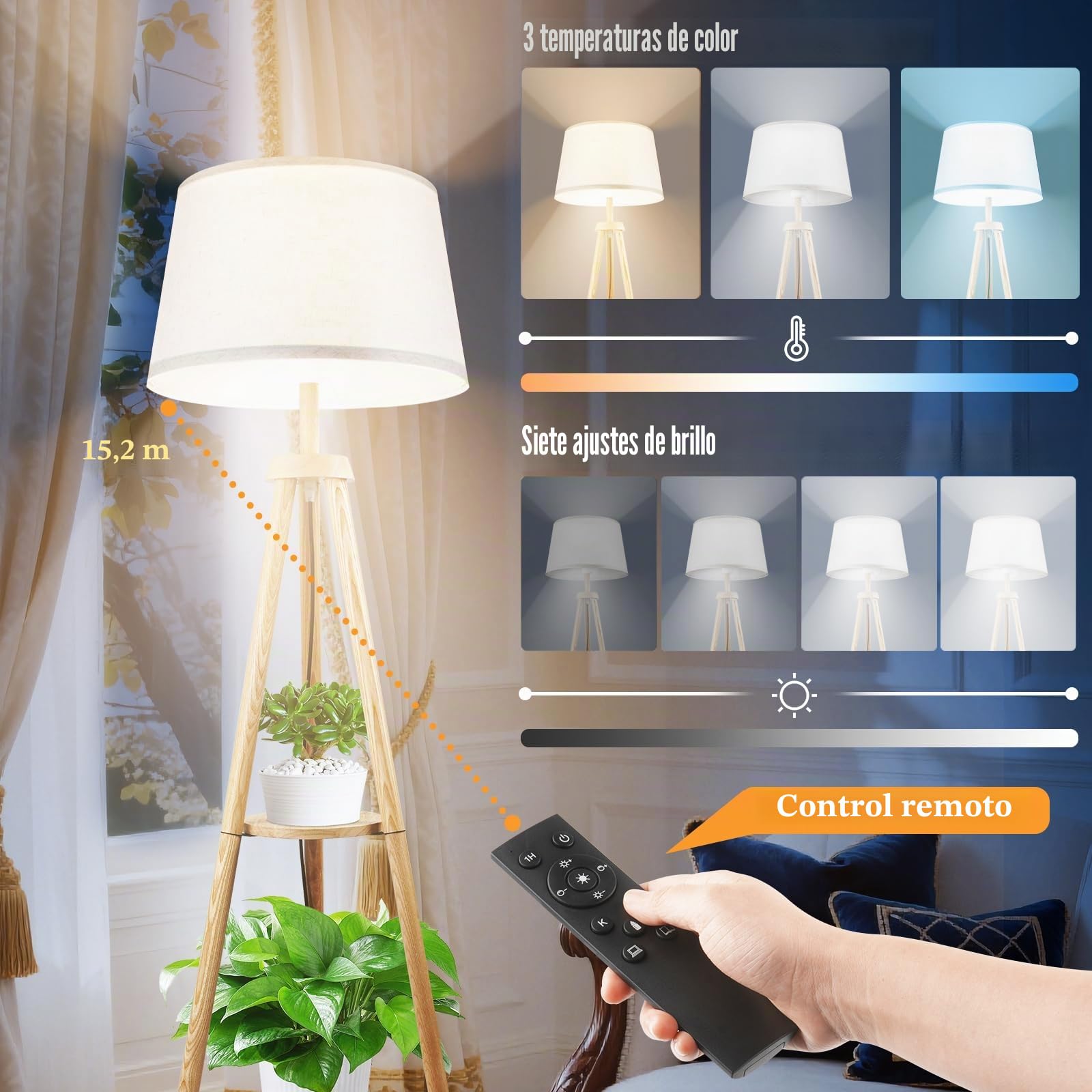 Lámpara de Pie con Mando y Pedal Ajustable, 3 Modos de Luz Cálida/Fría, Temporizador 1H Apagado Automático y Estante, Trípode de Madera para Sala de Estar, Habitación, Oficina en Casa