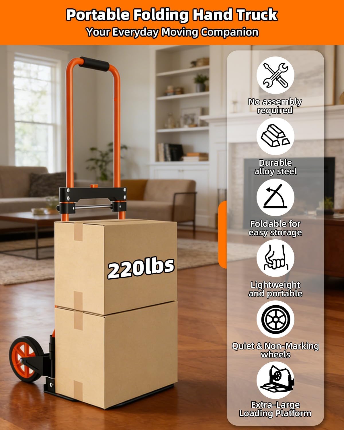 Folding Hand Truck, 220Lbs Capacity, Portable Dolly Cart with 5.9" Wheels and Telescoping Handle, Lightweight Hand Truck Dolly for Dormitory, Home, Office, Food, Shopping, logistics, Warehouse, Orange Orange-2wheel