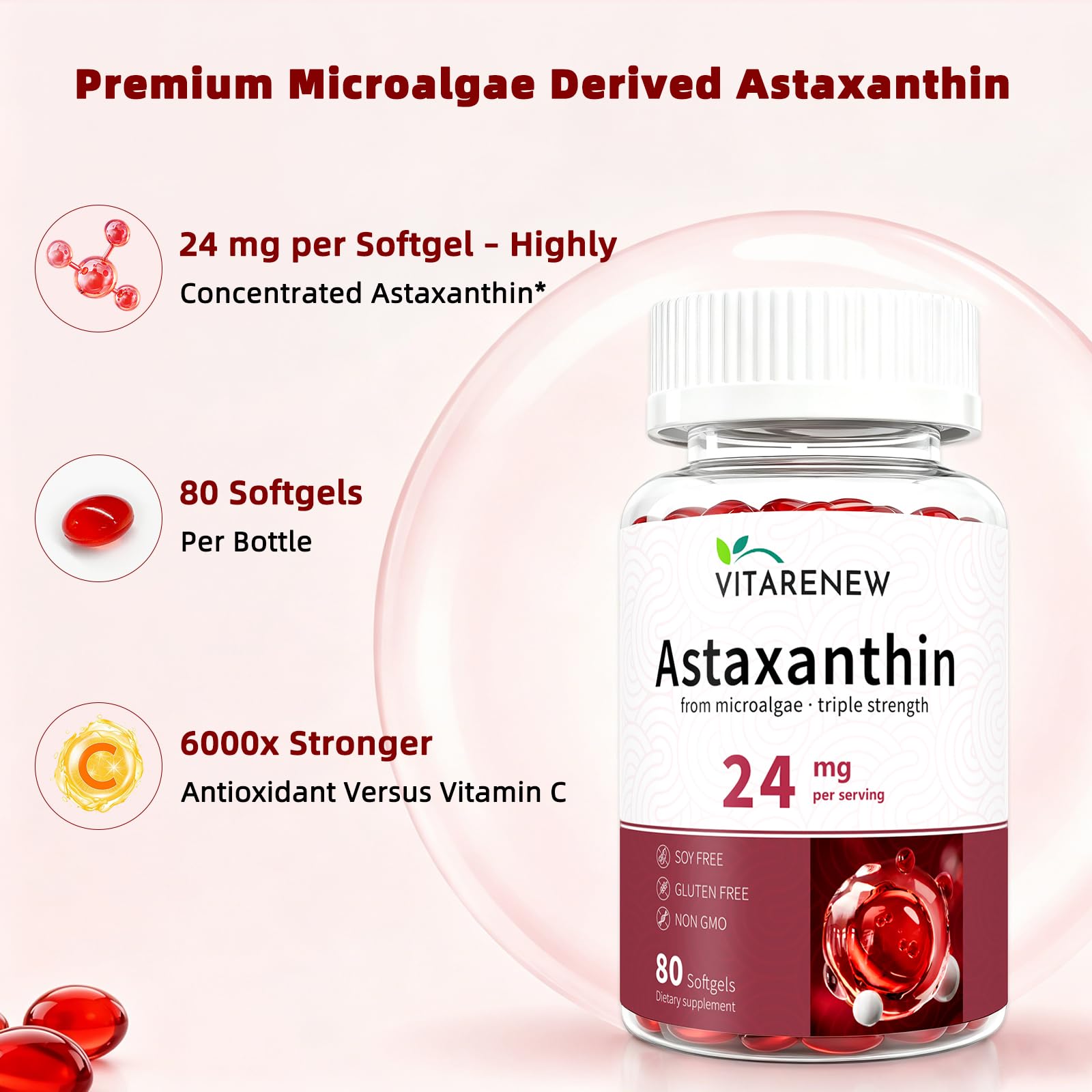 Astaxanthin 24mg Complex with Phosphatidylcholine, 80 Softgels — Amazon image 3
