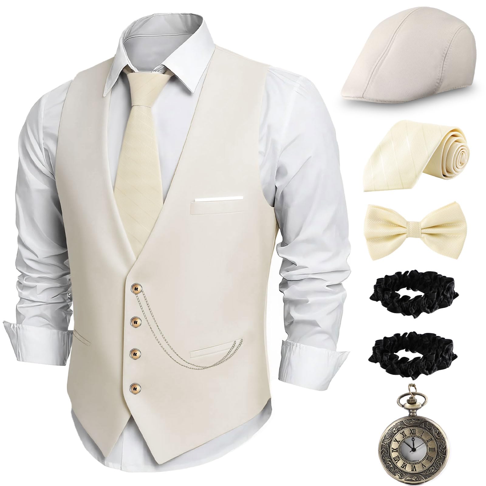 1920s Mens Costume, Roaring 20s Outfits for Men, 1920s Mens Outfit Accessories with Vest Hat, Gatsby Gangster Costume for Men