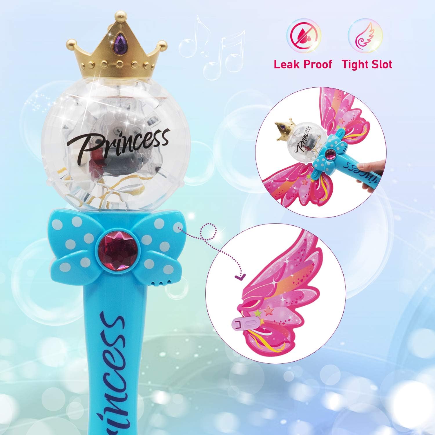 Princess Bubble Wand Bubble Machine – Blue Crefun SB0823 Music Light Up Bubble Gun, Automatic Handheld Bubble Blower, Outdoor Bubble Toy for Kid Birthday Party Including 4.23 fl. oz Bubble Solution