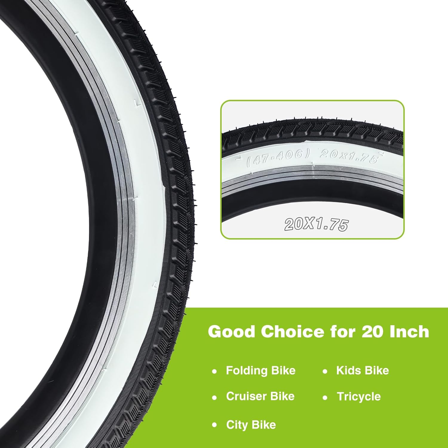 20/24/26 x 1.75 Inch Bike One/Two Pack Bicycle White Wall Side Black Tires Folding Bead Tires with/Without Inner Tubes Compatible with 20"/ 24"/ 26" City Bike, Lady Bicycle, Cruiser Bikes, Tricycles