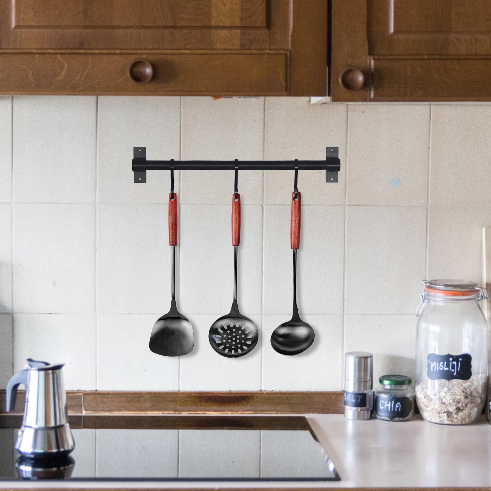 FJNATINH Espátula y cucharón de wok de 17 pulgadas, cuchara de skimmer, juego de espátulas ranuradas de acero inoxidable 304, 4 utensilios de cocina, accesorios wok