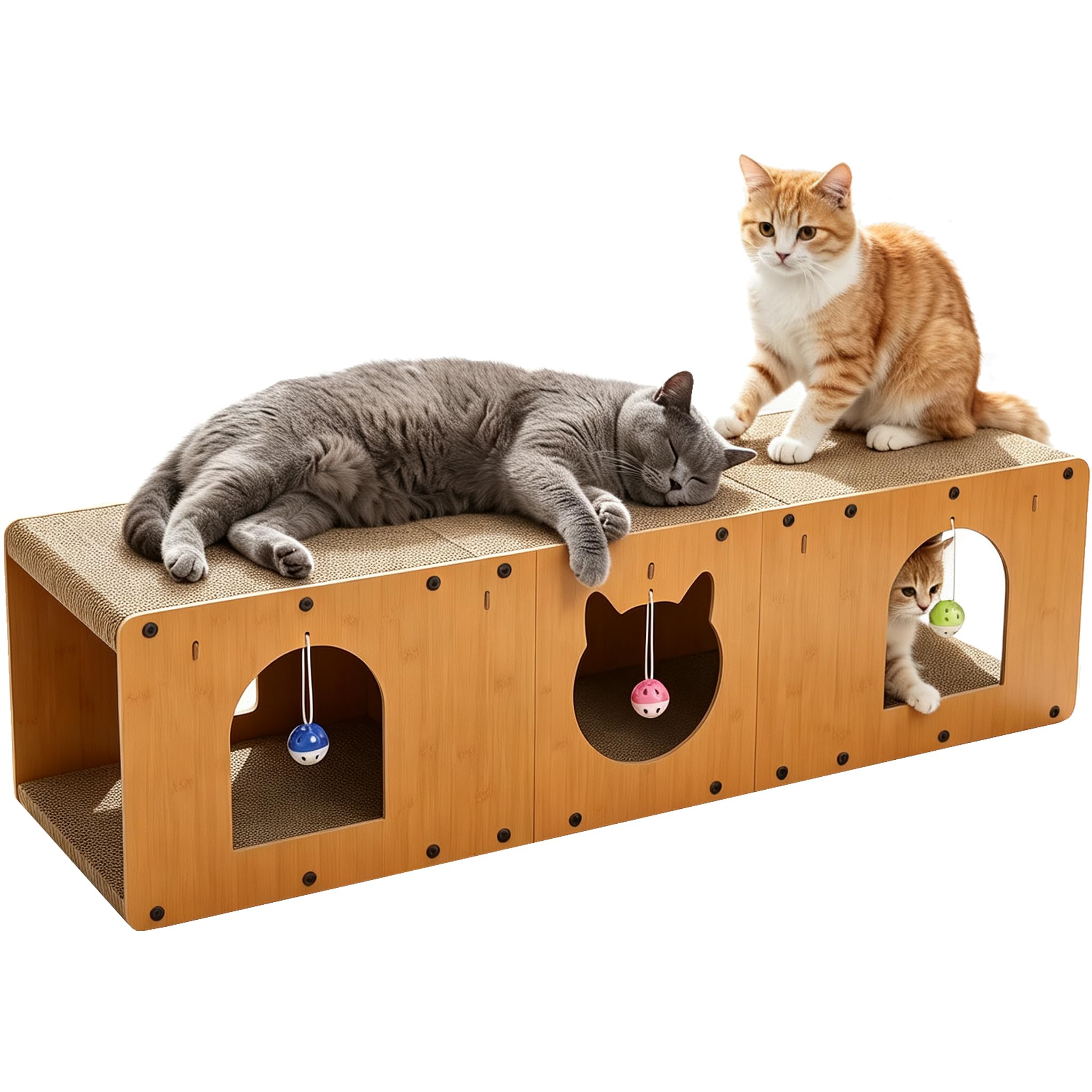 GEZIPVN 43.3Inch Extra Long Cat Scratcher Tunnel, Convertible Vertical Horizontal Cat Hideout Cave With hanging bell balls, Cardboard Cat Scratch Pad Indoor Cat Play House — image 1