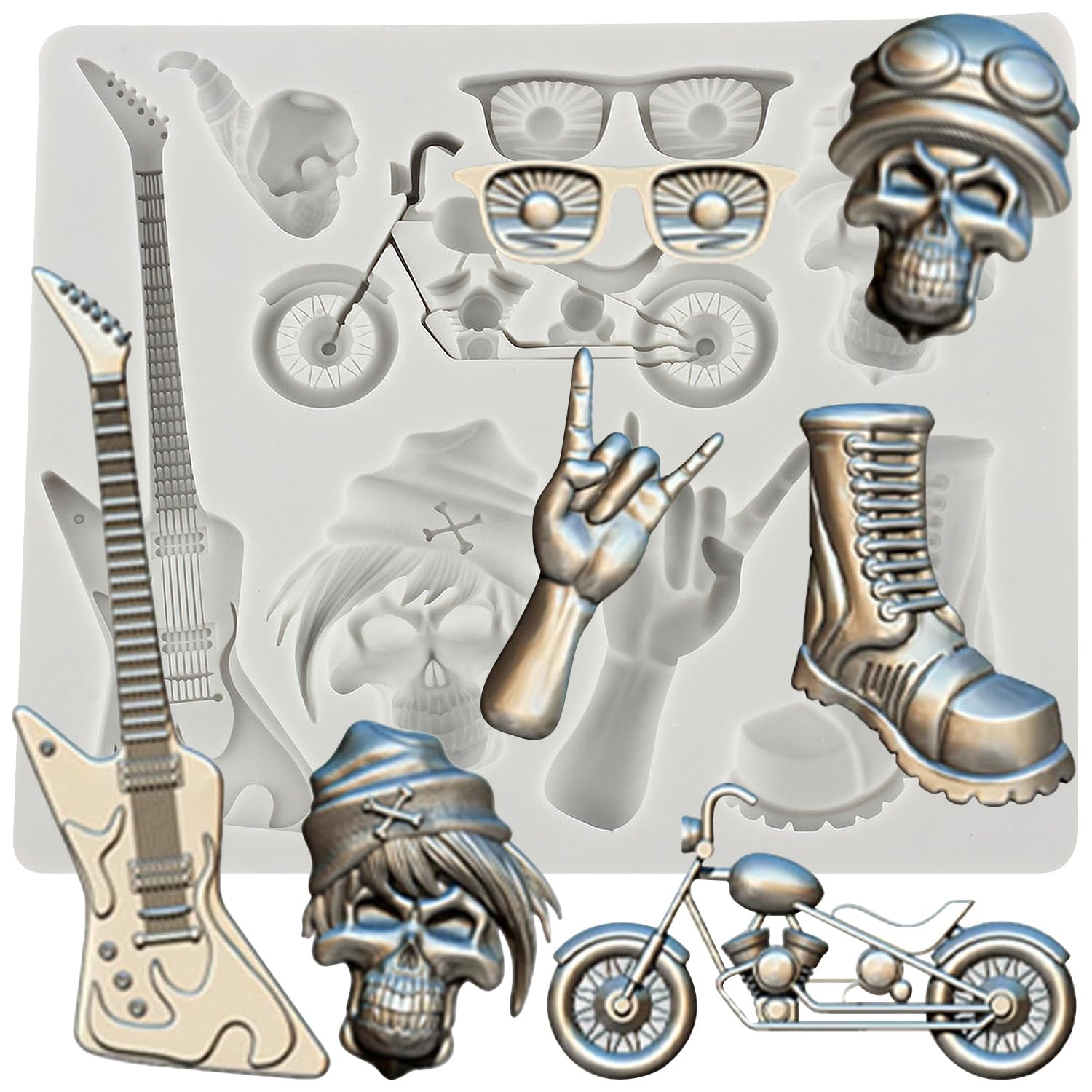 Sijiangmold Hip Hop Silicone Moulds Guitar Fondant Mould Motorcycle Glasses Pirate Skull Chocolate Mould for Cake Decoration Cupcake Topper Candy Polymer Clay Gum Paste