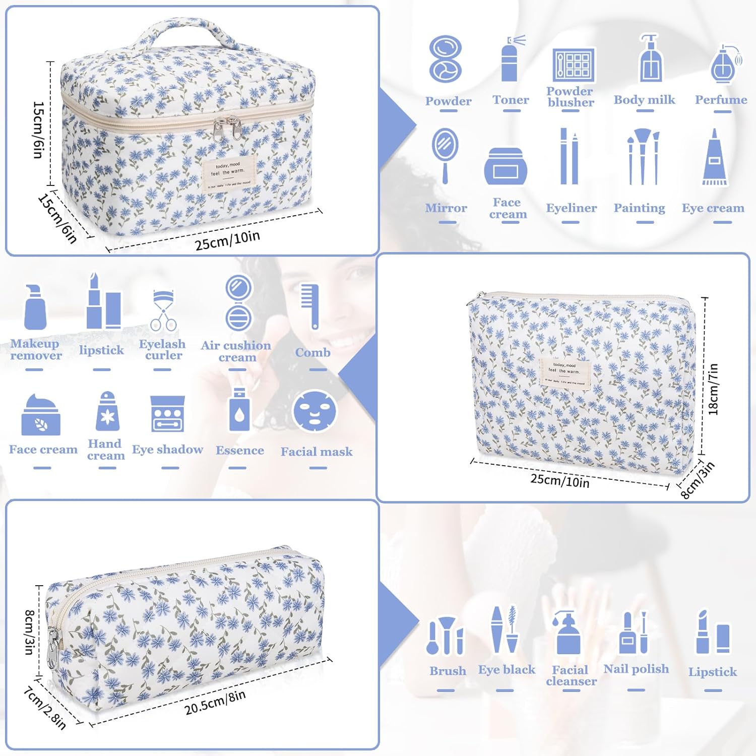 Makeup Bag Set, Quilted Makeup Bag, Large Floral Cosmetic Bag for Women, Cute Cotton Makeup Bags, Flower Travel Toiletry Organizer Bag (Blue Peacock Flower) - Image 2