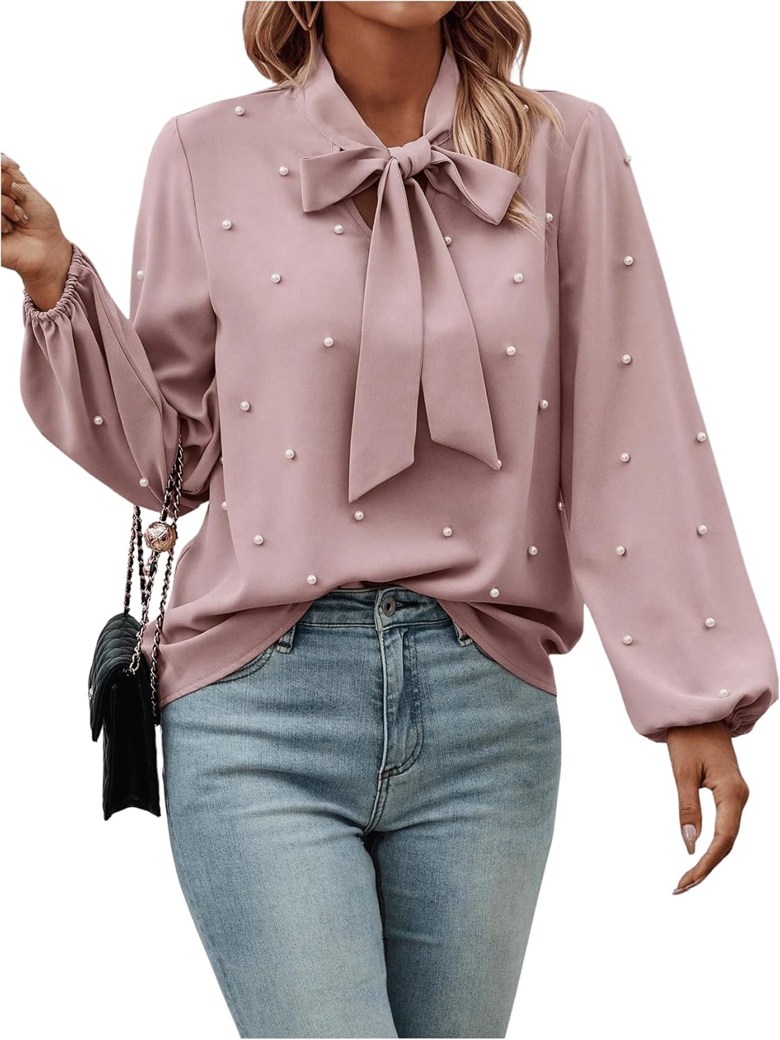 SweatyRocks Women's Pearls Bow Tie Mock Neck Long Sleeve Shirts Casual Loose Fit Blouse Top - Image 5