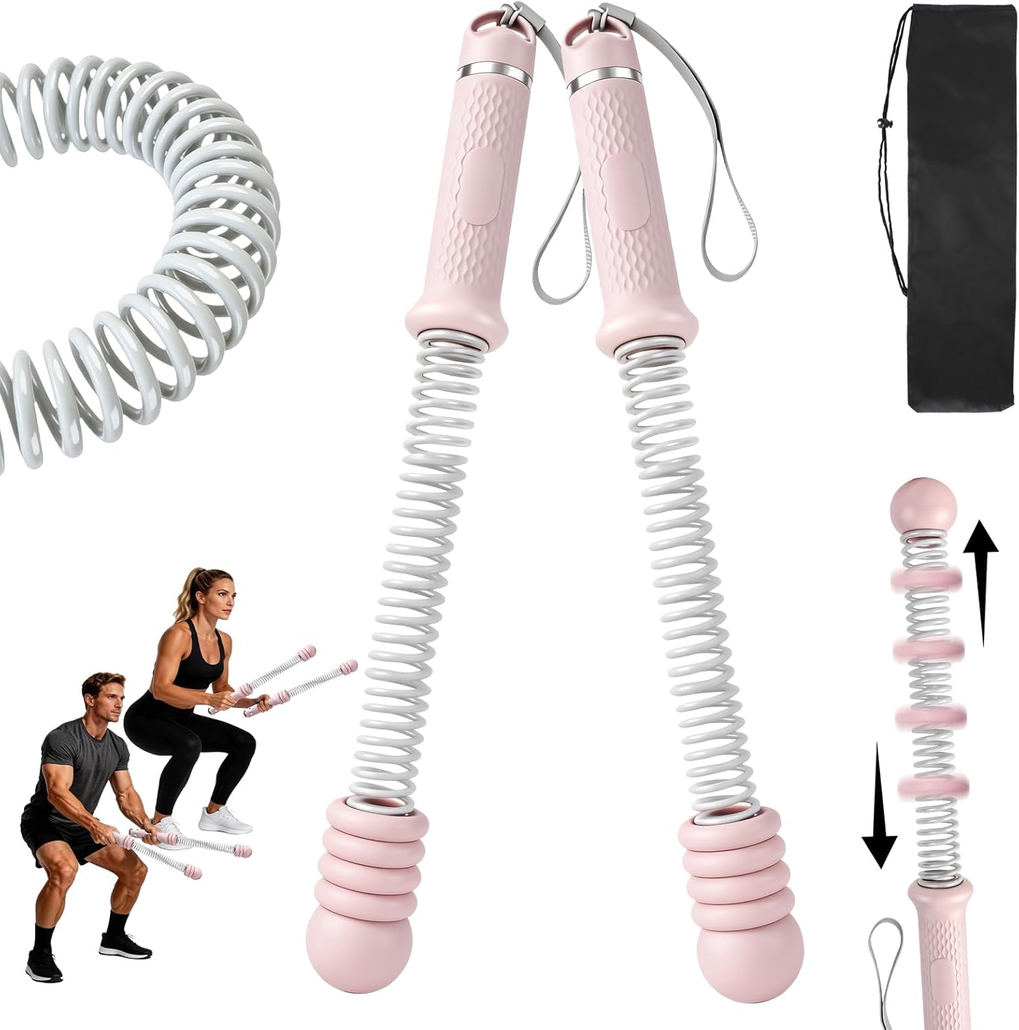 2PCS Weighted Ropeless Battle Ropes for Home Gym for Men & Women, Heavy Duty Cordless Battle Rope with Storage Bag, Strength & Low-Impact Cardio for HIIT Workouts, Cardio & Muscle Training-Pink