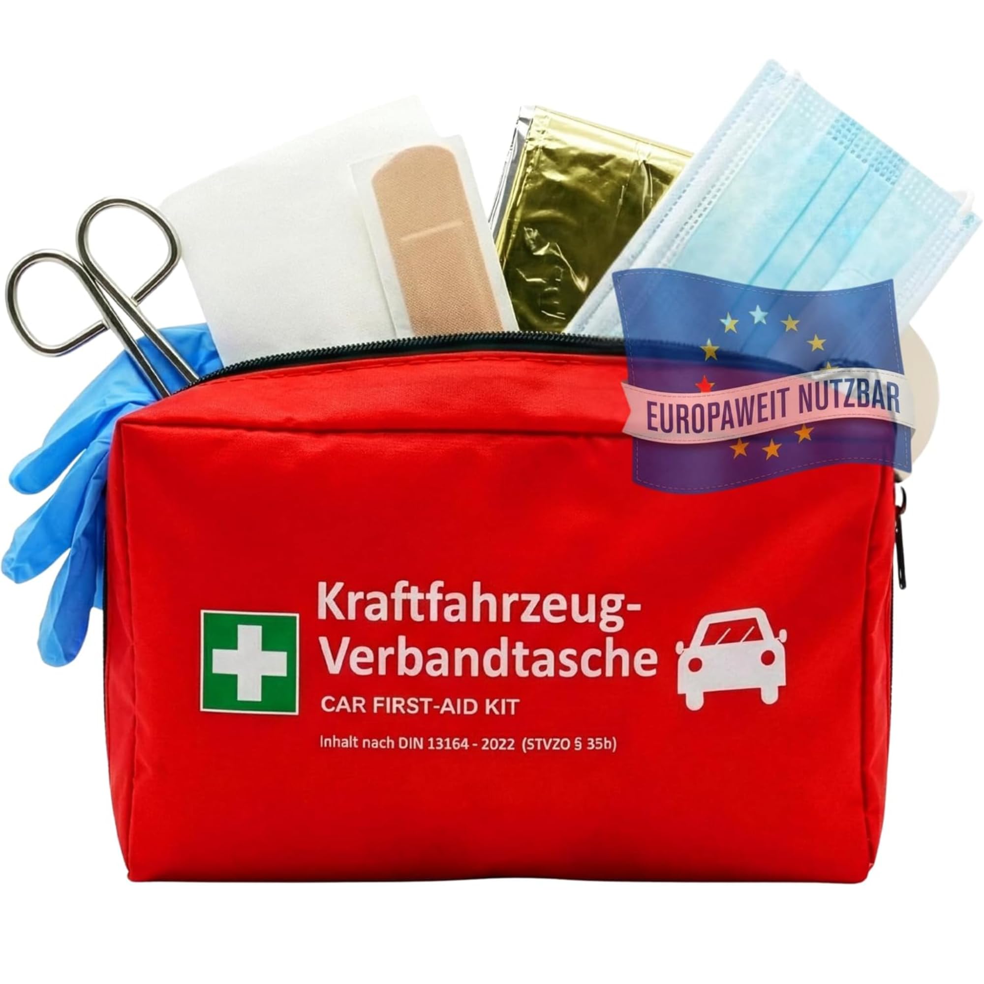 Floordirekt KFZ-Verbandtasche inkl. 2 Masken - Erste-Hilfe-Tasche nach DIN 13164 - Europaweit gültig - Verbandskasten Set für Auto & Motorrad (KFZ Verbandstasche)