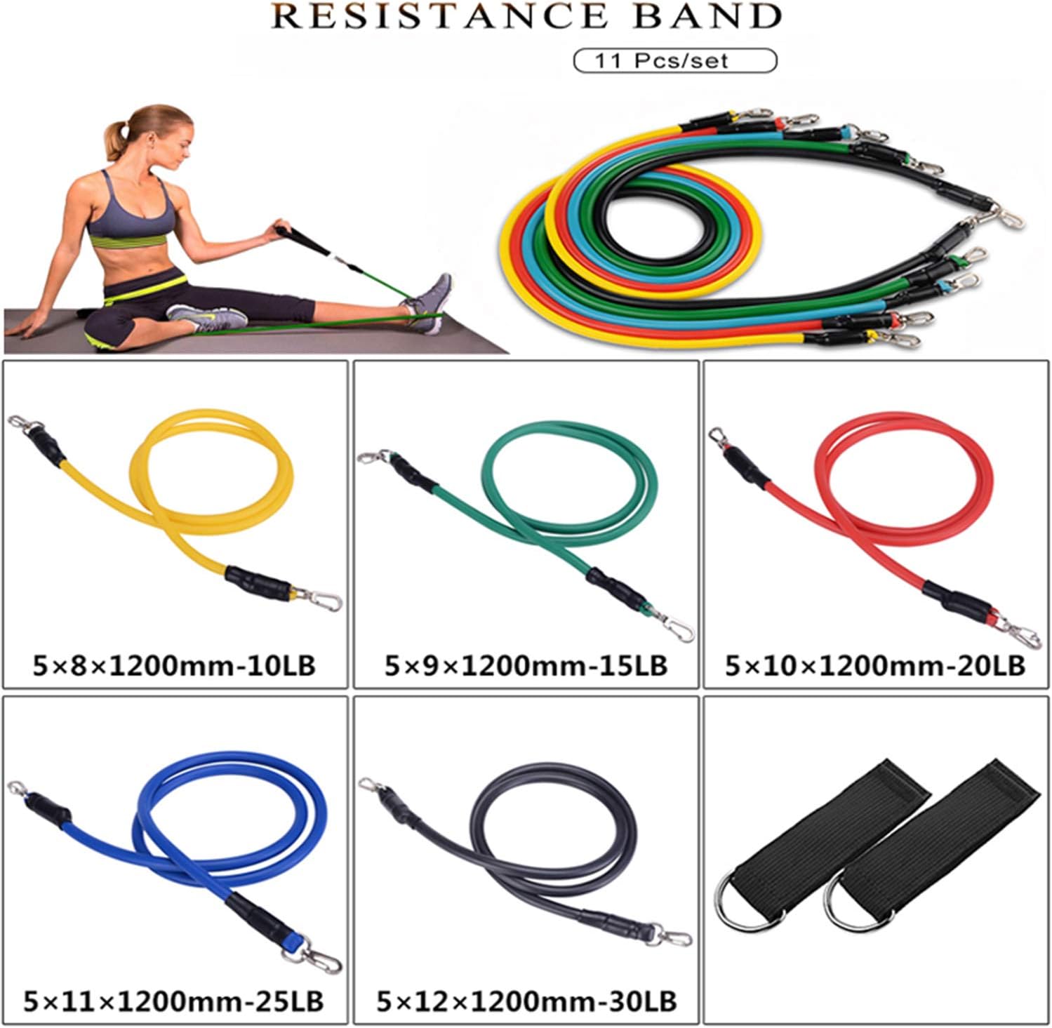 Resistance Bands Set(11 Pack),Including 5 Stackable Exercise Bands with Door Anchor,2 Foam Handle,2 Metal Foot Ring & Carrying Case - Home Workouts,Physical Therapy,Gym Training,Yoga