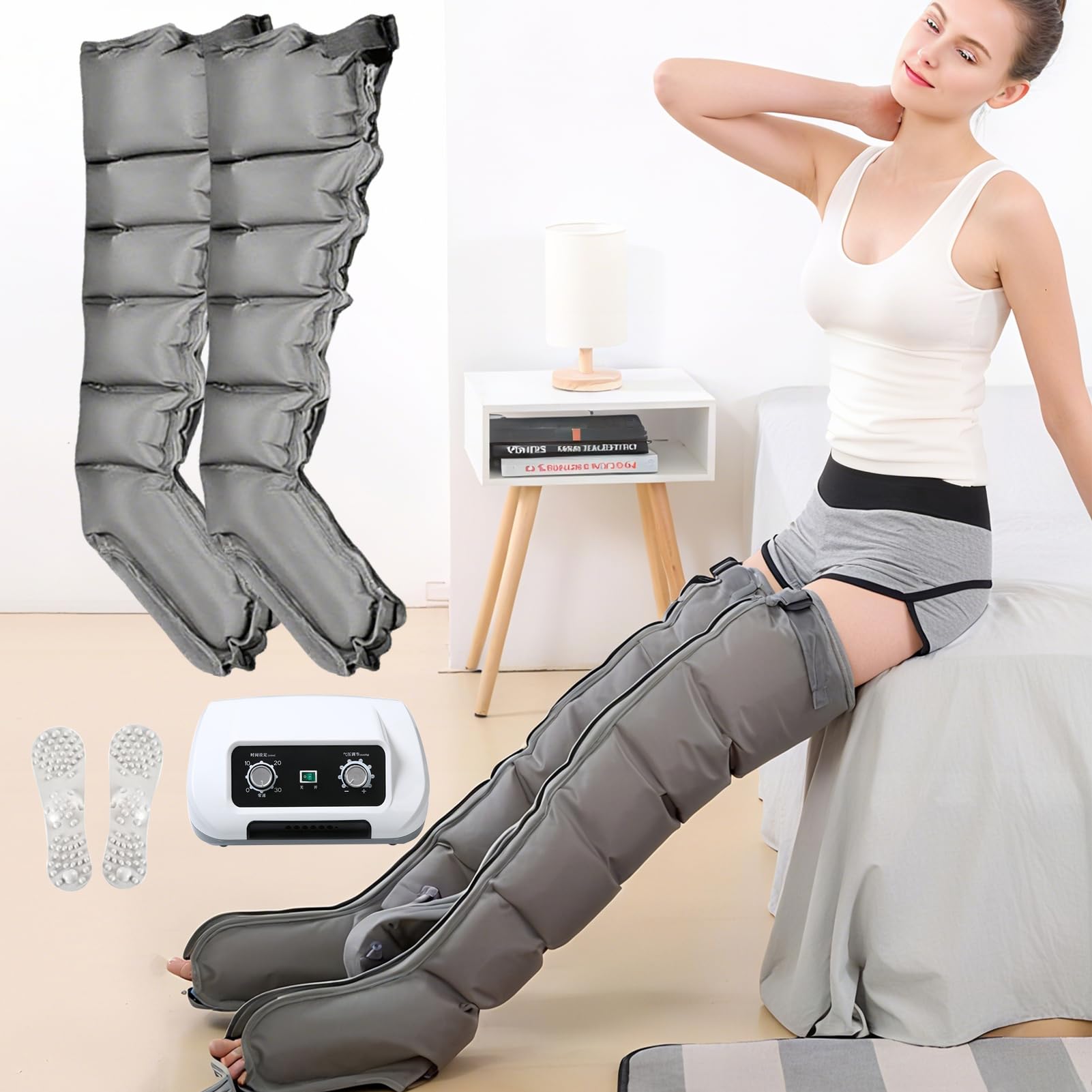 Pressoterapia per Casa Massaggiatore Gambe E Piedi - XXL Massaggiatore Compressione 6 Camere D'Aria Per Gambe, Addome E Braccia - Pressoterapia Linfodrenaggio Professionale (Grey, 2legs)