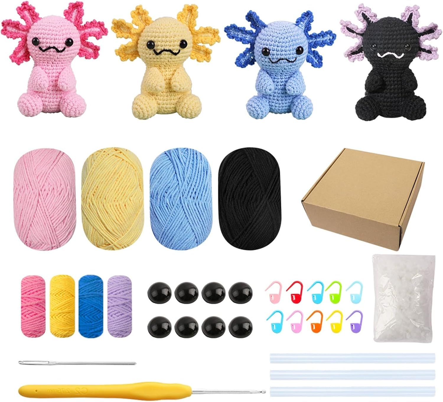 Milaflora 4Pack Axolotl Crochet Kit for Beginners Adults, DIY Crochet Animal Kit with Step-by-Step Video Tutorials, Crocheting Kits for Starters, Beginner Crochet Kit for Adults