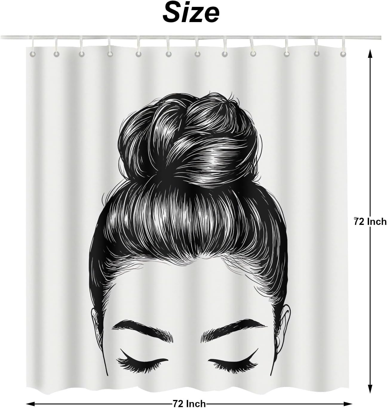 Moslion Girl Bath Shower Curtain Set Sketch of Woman Fashion Bun Perfect Eyebrow Eyelash Shower Curtains Home Decorative Extra Long Polyester Fabric Shower Curtain with Hooks 72x72 Inch Black White