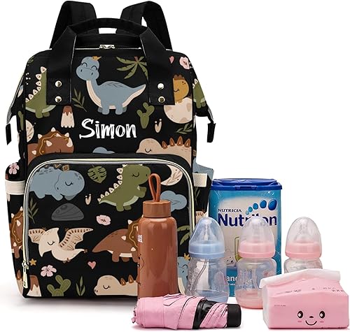 Lindo dinosaurio tropical gran capacidad personalizado bolsa de pañales para bebé niño niña nombre personalizado bolsa de pañales mochila, Negro 02,